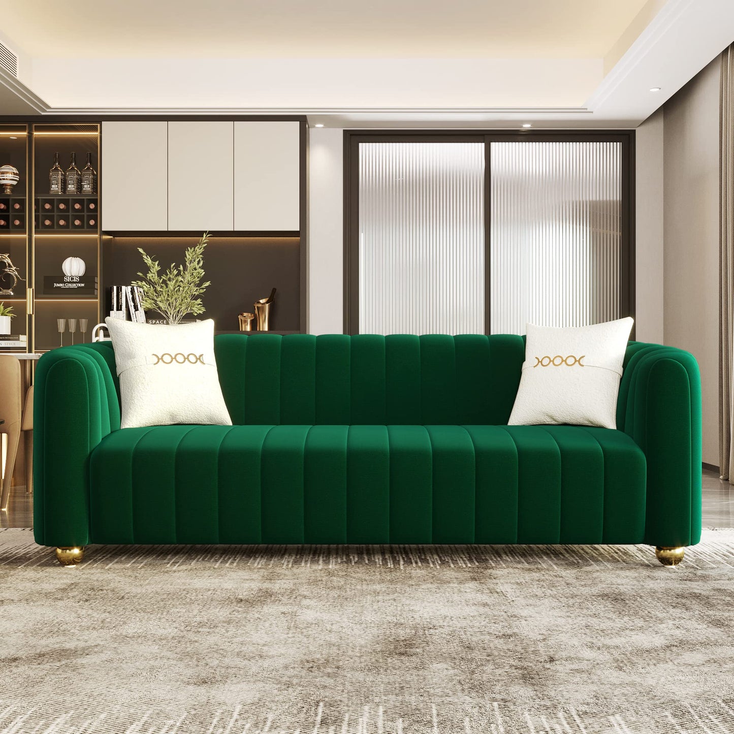 83'' Sofa for Living Room Modern Teddy Short Plush Couch 3-Seater Apartment Sofa with 2 Pillows & Golden Metal Legs