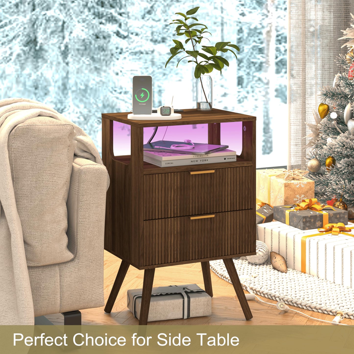 Nightstand with Charging Station and LED Lights,Modern Bedside Table with 2 Storage Drawer and Open Wood Shelf, for Bedroom and Small Spaces,Night Stand with Solid Wood Legs,GreyOak