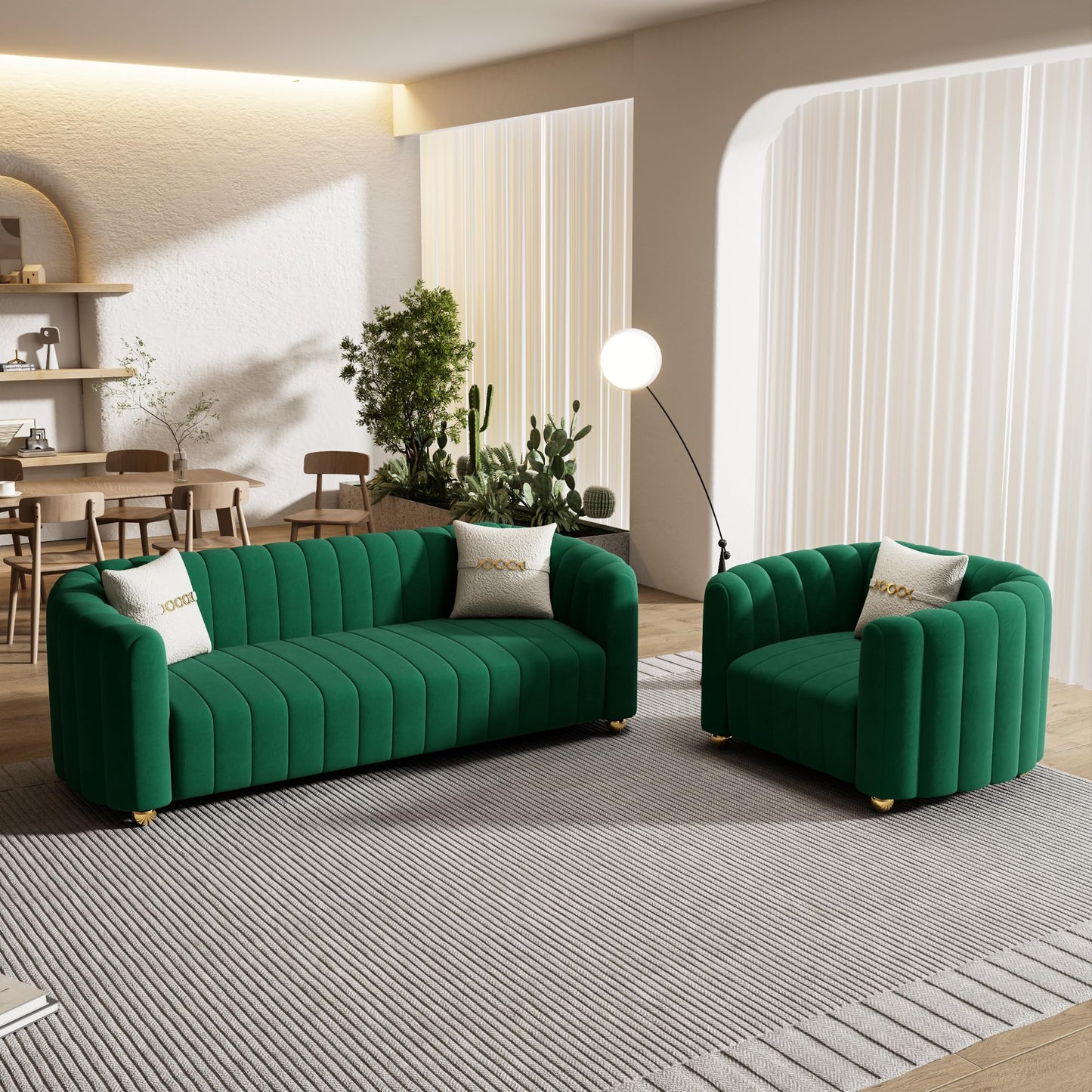 83'' Sofa for Living Room Modern Teddy Short Plush Couch 3-Seater Apartment Sofa with 2 Pillows & Golden Metal Legs