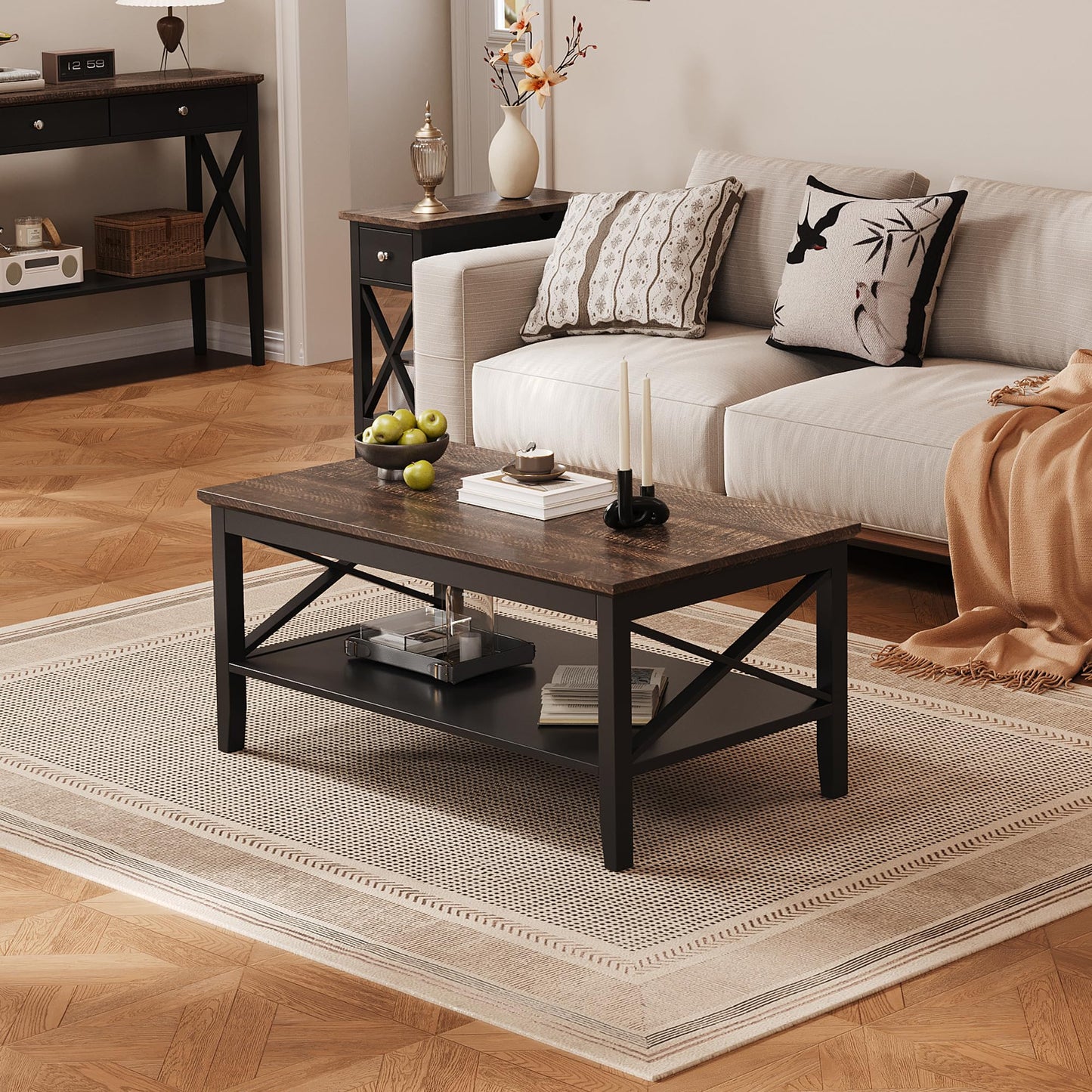 ChooChoo White Coffee Table Classic X Design for Living Room, Rectangular Modern Cocktail Table with Storage Shelf, 39 Inch