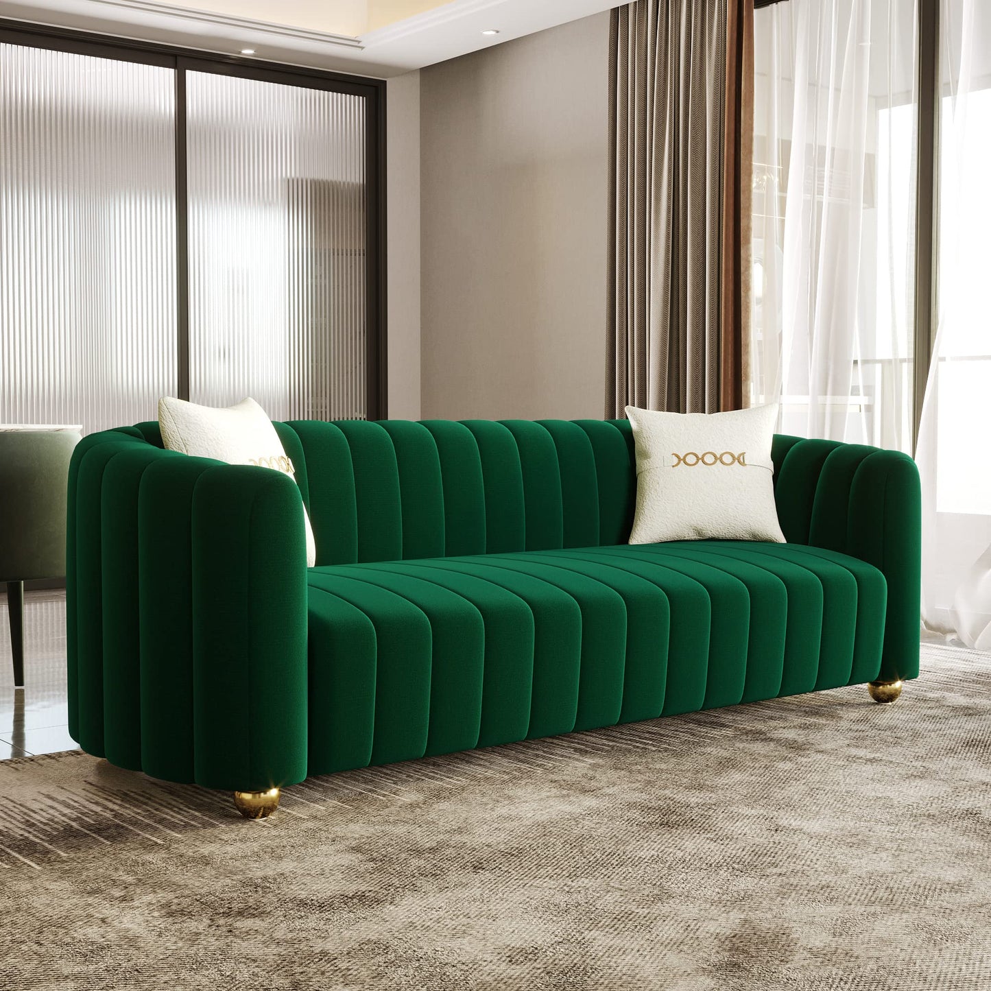 83'' Sofa for Living Room Modern Teddy Short Plush Couch 3-Seater Apartment Sofa with 2 Pillows & Golden Metal Legs