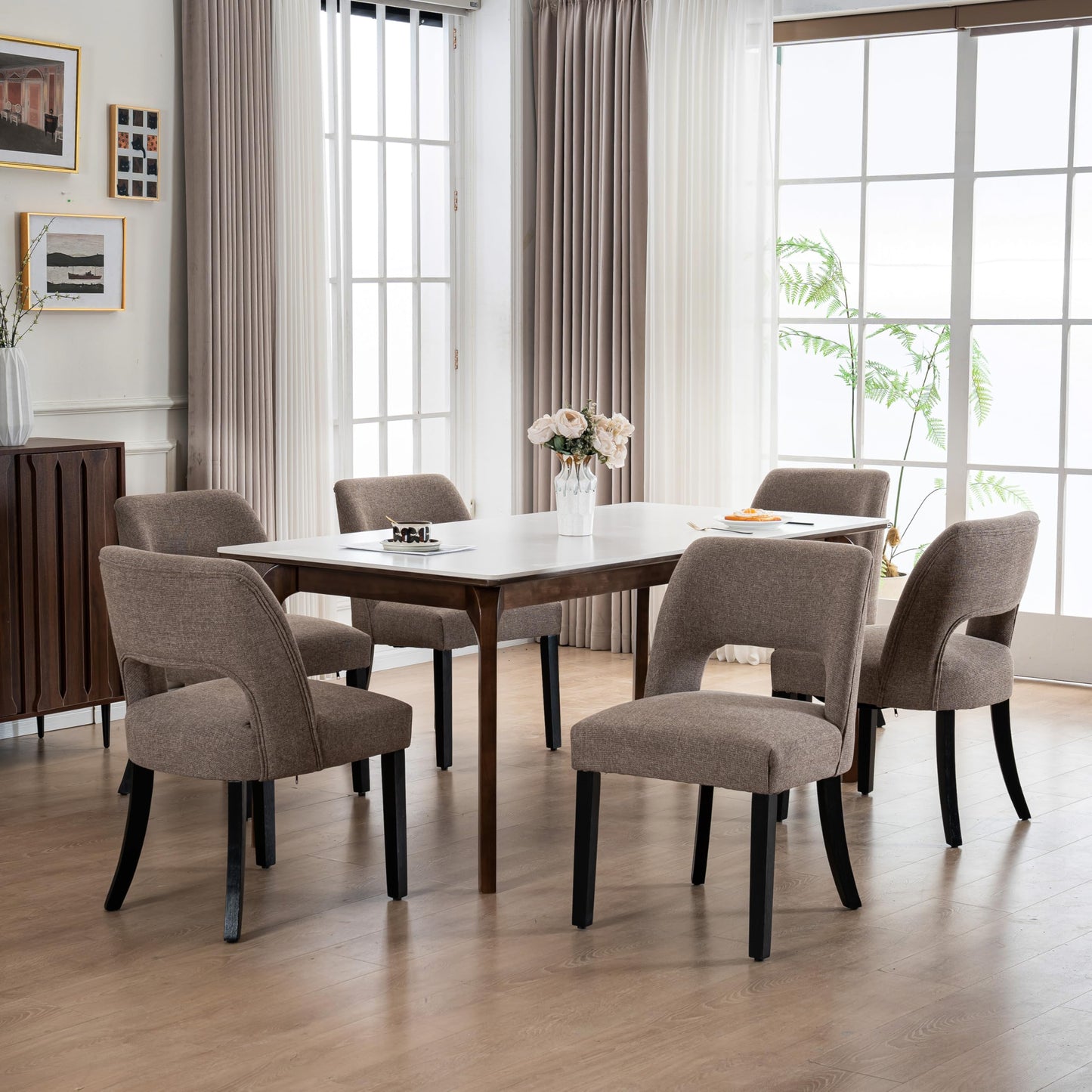VKNOW Wooden Dining Chairs Set of 2, Modern Fabric Upholstered Dining Room Chair Kitchen Chairs, Farmhouse Dinner Chair for Kitchen Dining Room, Beige-Black Legs