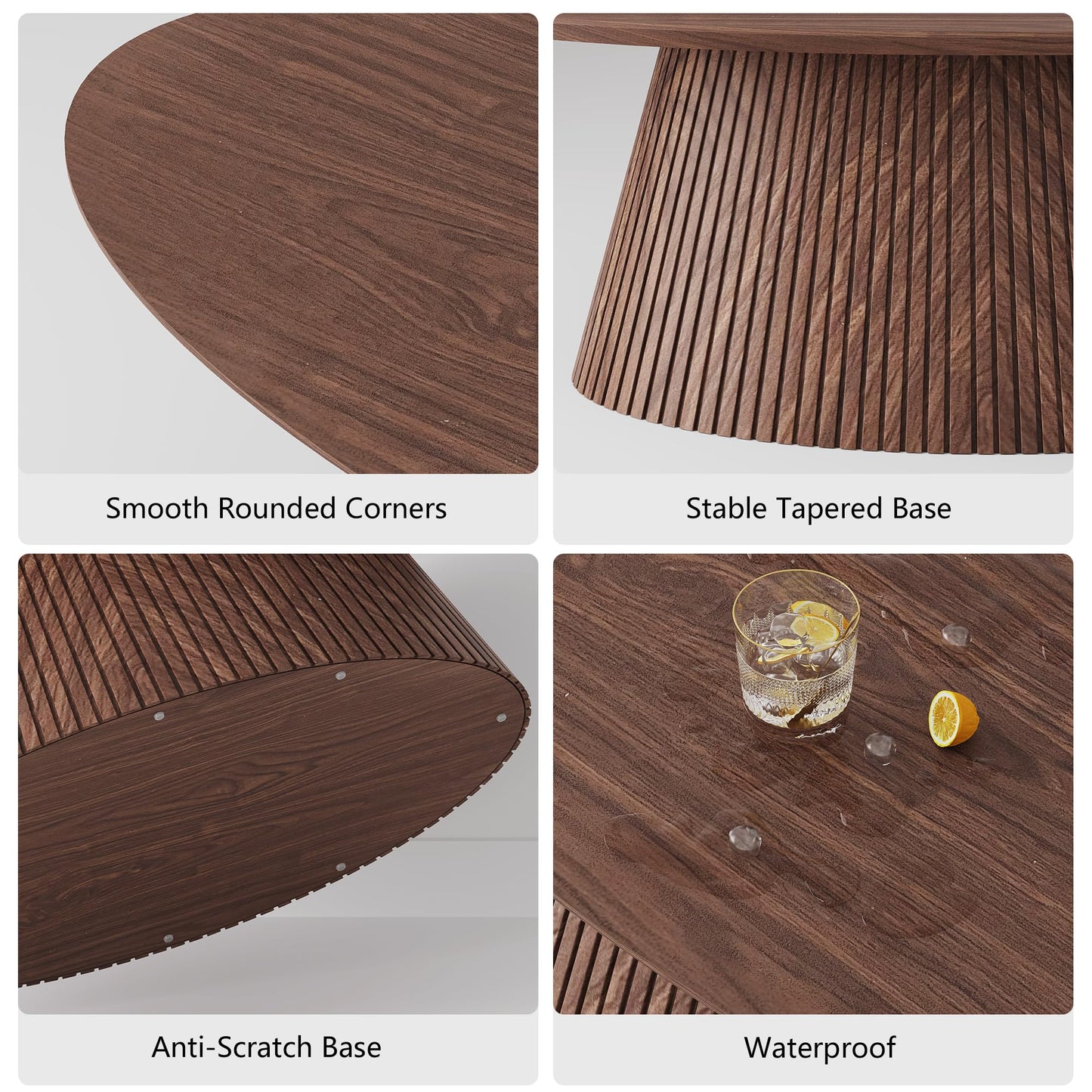 win2win Oval Coffee Table, Mid Century Modern Coffee Table with Fluted Design, Small Funky Tea Table with Wood Grain Veneer, Minimalist Center Table for Living Room, Apartment, Office, Walnut