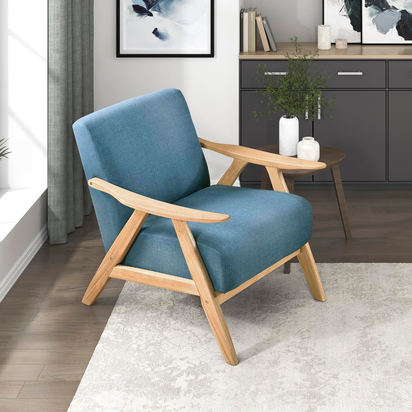 Lexicon Mid Century Modern Accent Chair with Solid Wood Frame in Walnut Finish, Upholstered Living Room Lounge Arm Chair, Thick and Comfy Innerspring Seat Cushion, Linen-Look Fabric, Gray