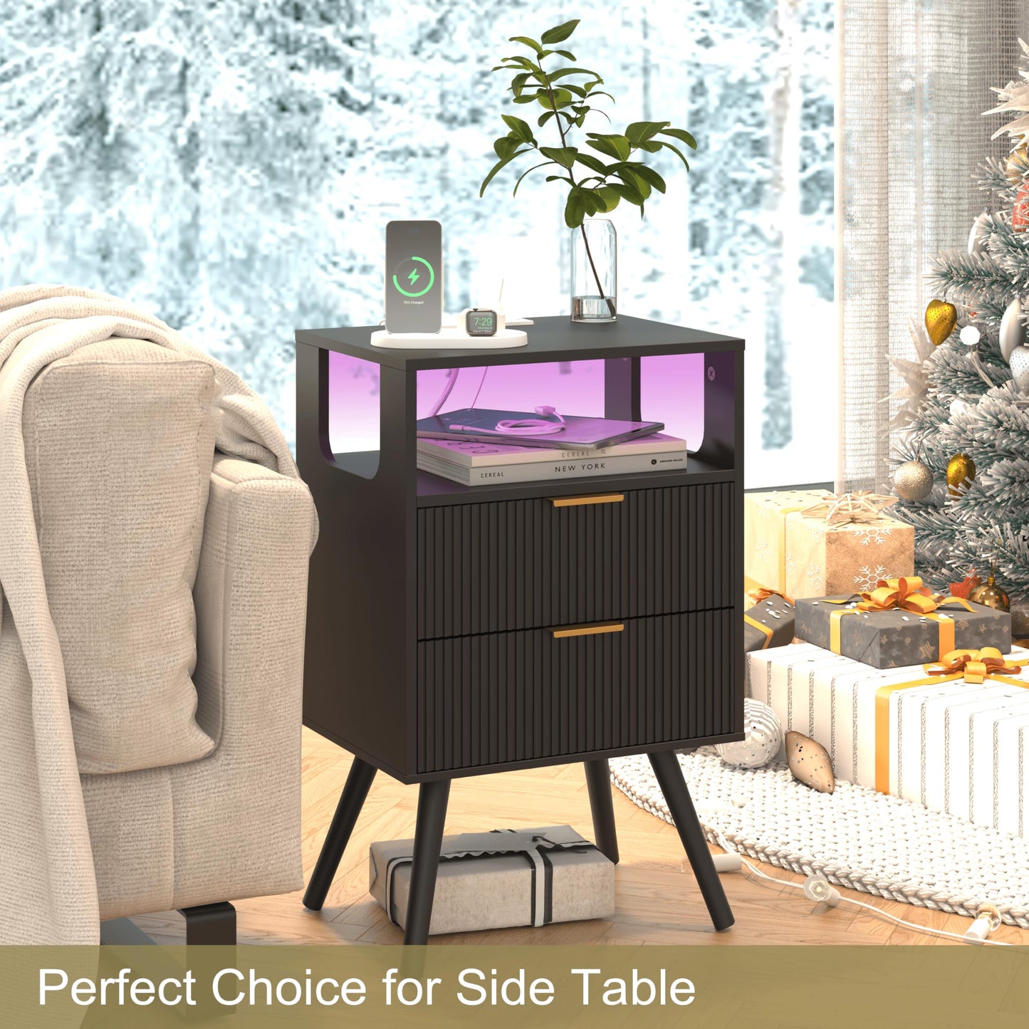 Nightstand with Charging Station and LED Lights,Modern Bedside Table with 2 Storage Drawer and Open Wood Shelf, for Bedroom and Small Spaces,Night Stand with Solid Wood Legs,GreyOak