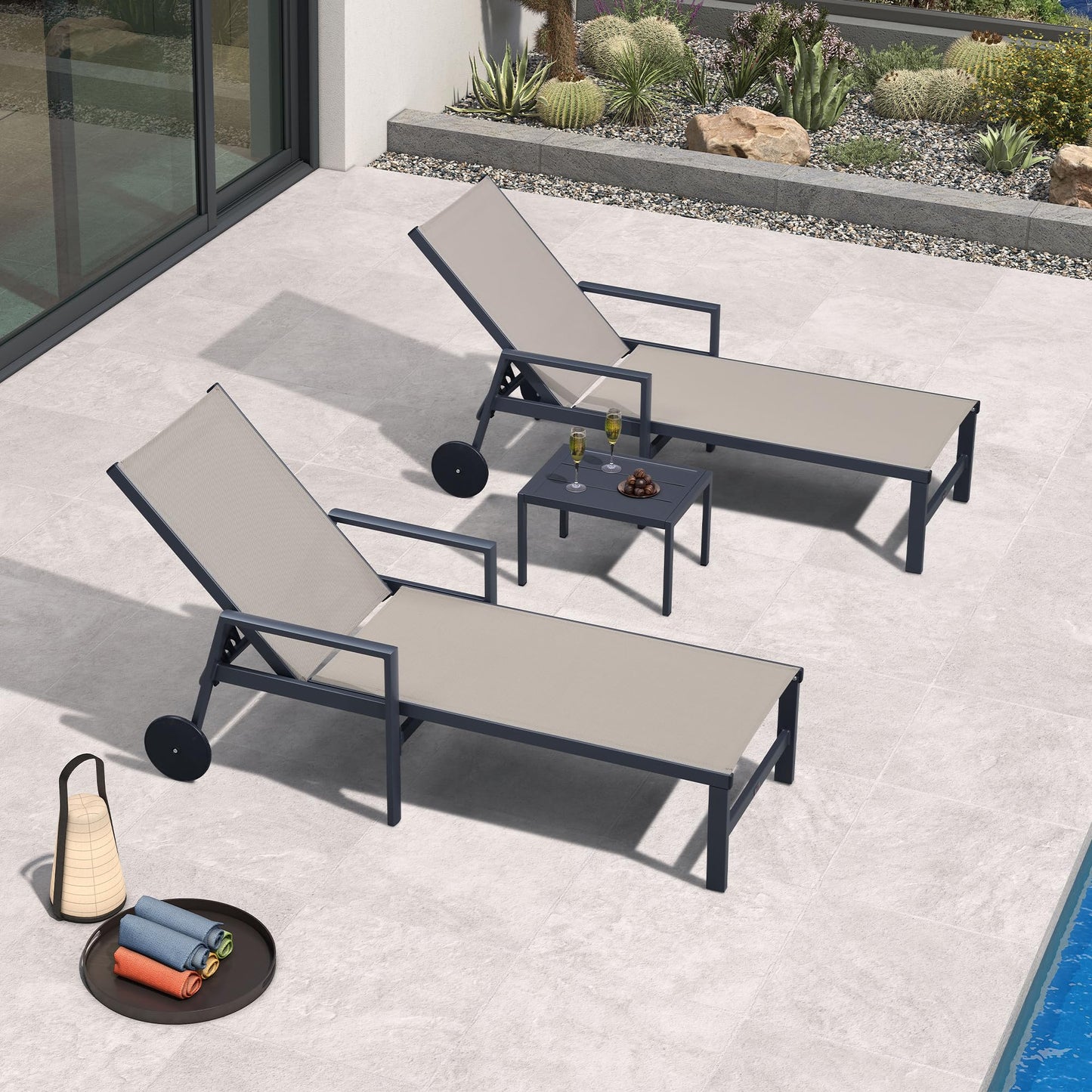 PURPLE LEAF Outdoor Chaise Lounge Chair Set of 2 Patio Pool Lounger Wicker Chairs with Wooden Armrest Sunbathing Tanning Recliner for Pool Backyard Garden Dark Brown