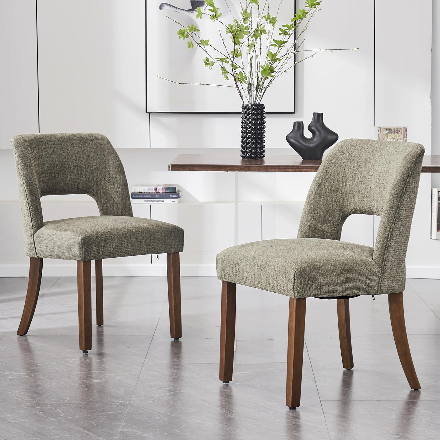 VKNOW Wooden Dining Chairs Set of 2, Modern Fabric Upholstered Dining Room Chair Kitchen Chairs, Farmhouse Dinner Chair for Kitchen Dining Room, Beige-Black Legs