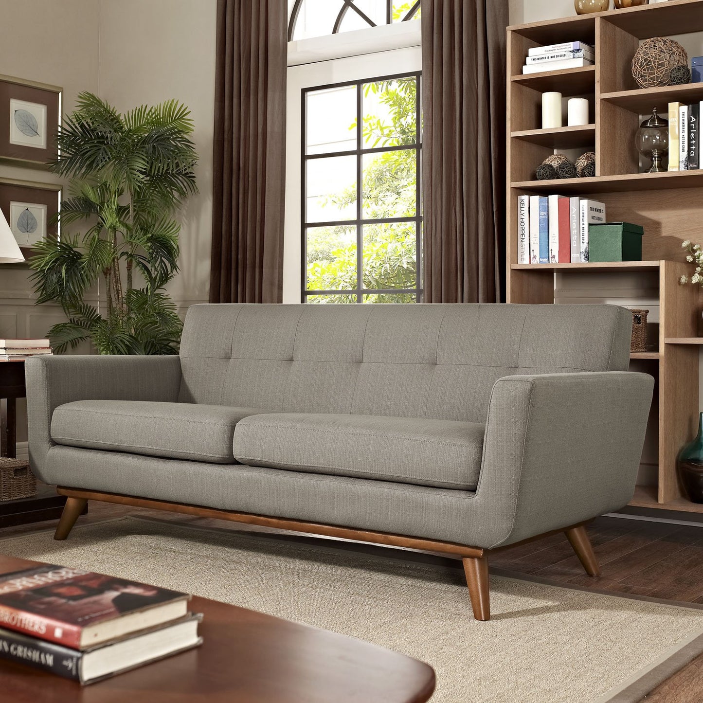 Modway Engage Mid-Century Modern Upholstered Fabric Sofa in Wheatgrass