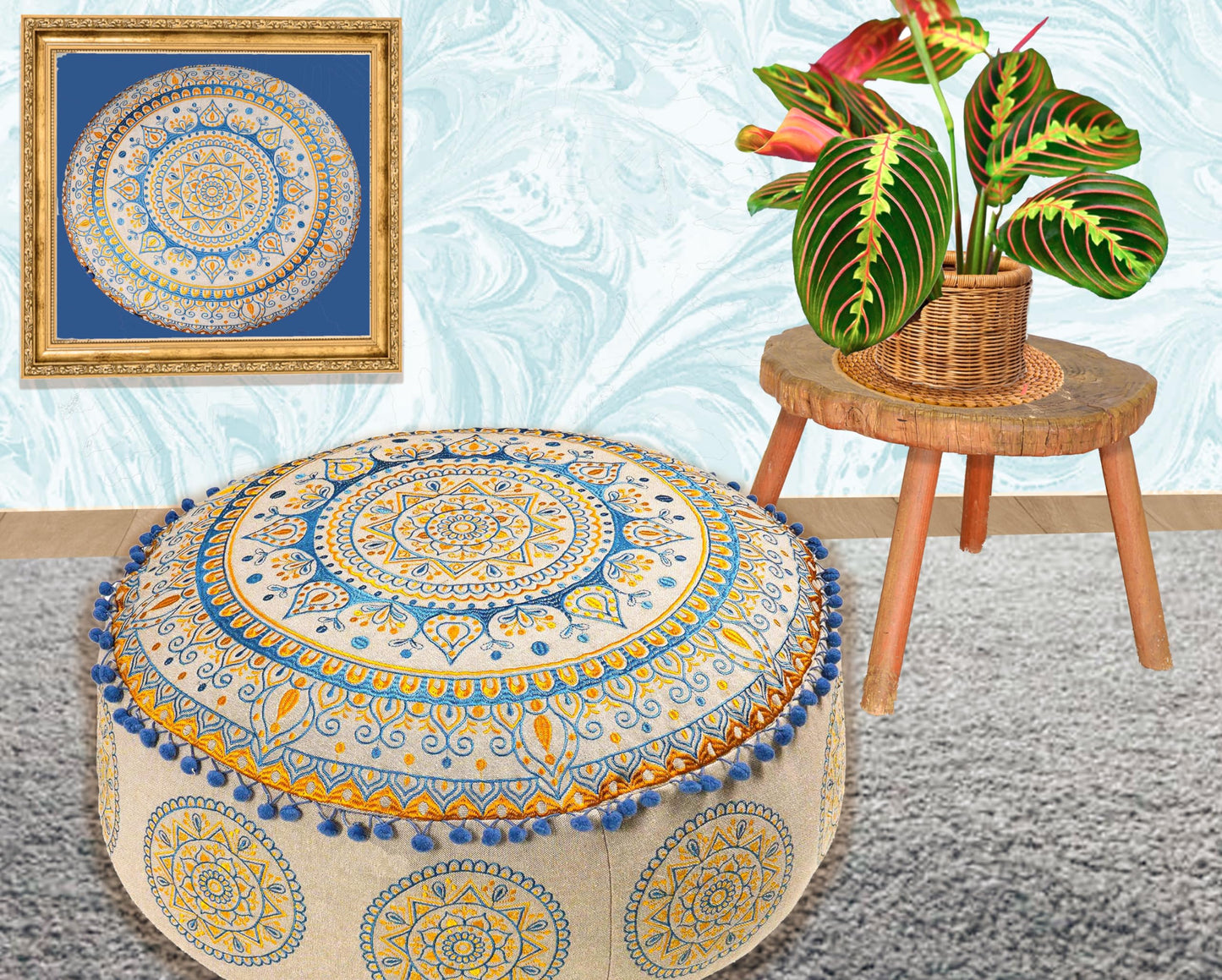 Large Round Floor Pillow Cover Blue Indian Décorative Accent Meditation Cushion Perfect for Living Room, Bedroom, Nursary or Children Room Seating Area Stool Footstool Pouf Ottoman 24x8 Unstuffed