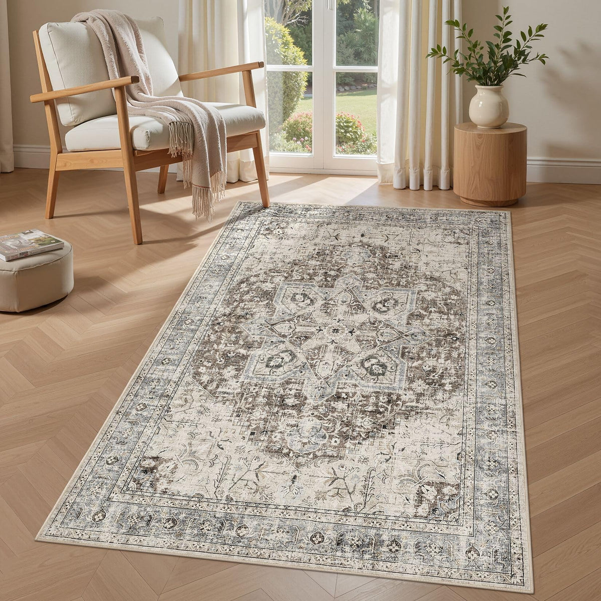 Tortania Area Rug Living Room Rugs - 9x12 Washable Boho Rug Vintage Oriental Distressed Farmhouse Large Thin Indoor Carpet for Living Room Bedroom Under Dining Table Home Office - Salmon/Azure