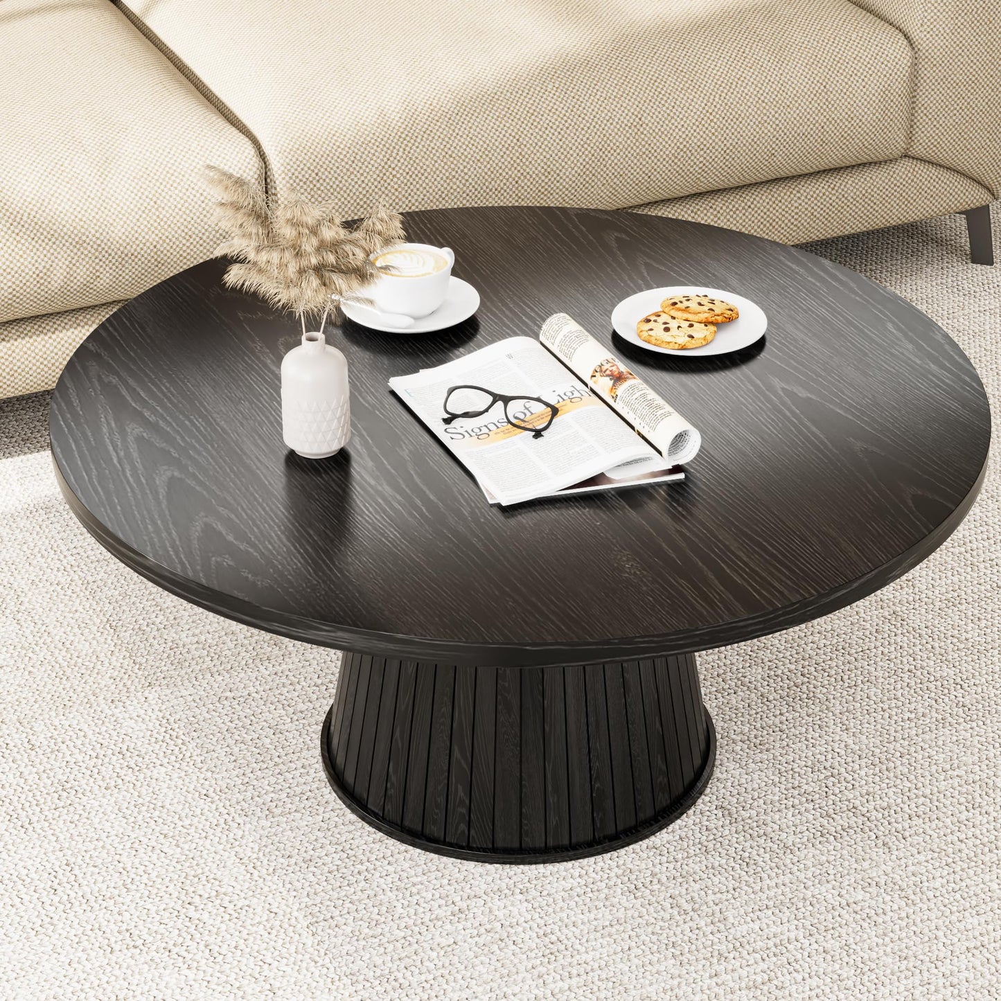 Fluted Round Coffee Table, Mid Century Modern Coffee Table, Small Walnut Circle Center Table, Brown, Farmhouse Wood, for Living Room, 31.5 Inches, Rustic, Easy Assembly