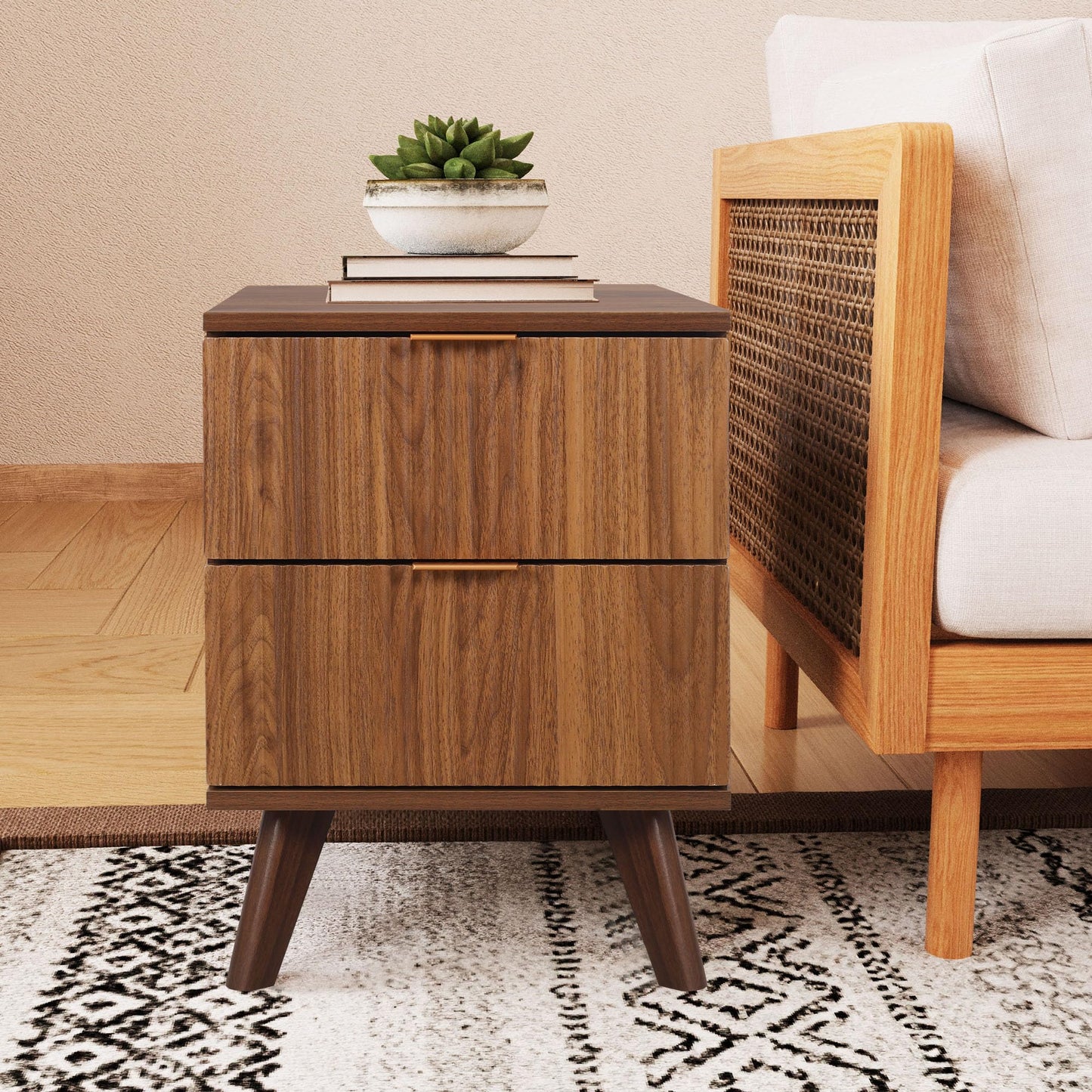 Fluted Nightstand Set of 2, Mid Century Modern 2 Drawer Dresser for Bedroom, Small Dresser Night Stand Side Table End Table with Wood Fluted Drawer Storage for Bedroom Closet(Walnut)
