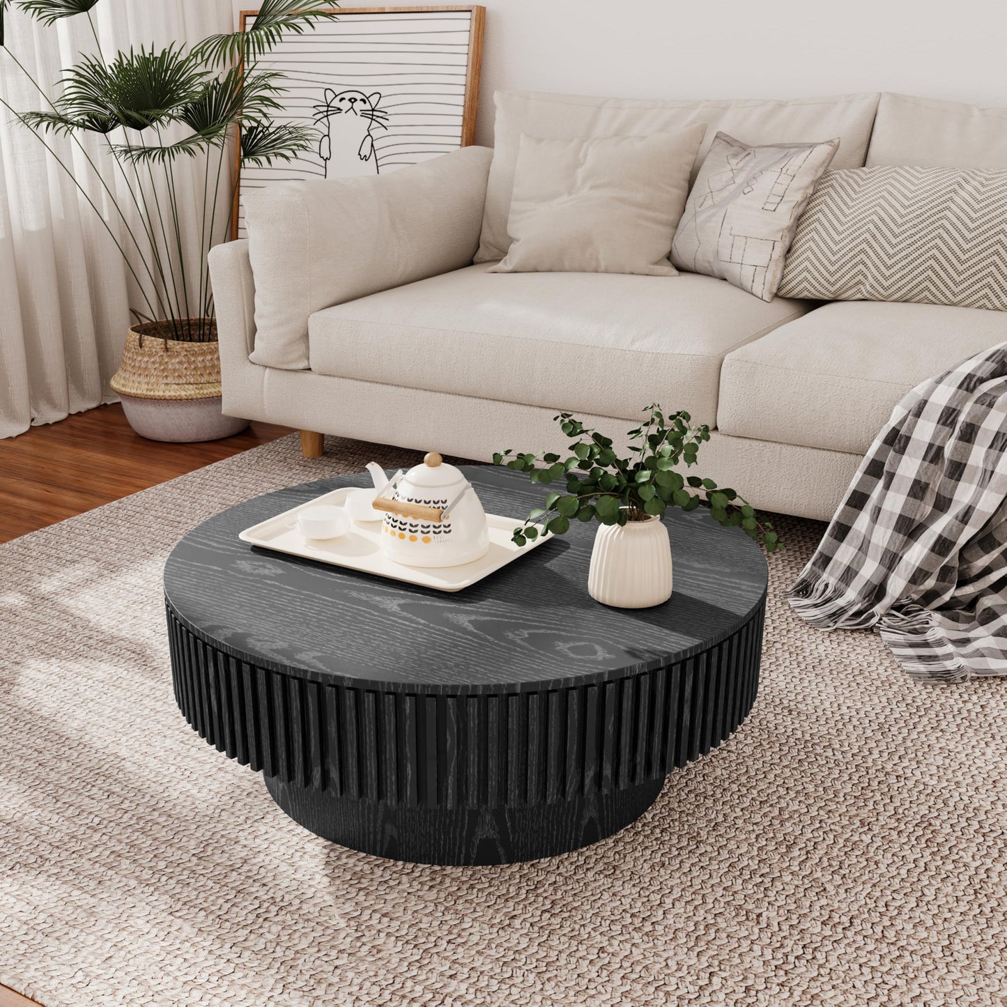 31.5" Round Drum Coffee Table with Storage, Handcraft Fluted Drum Coffee Table, Modern Wooden Circle Cocktail Tea Table Center Table with Sturdy Pedestal for Living Room Apartment (Walnut)