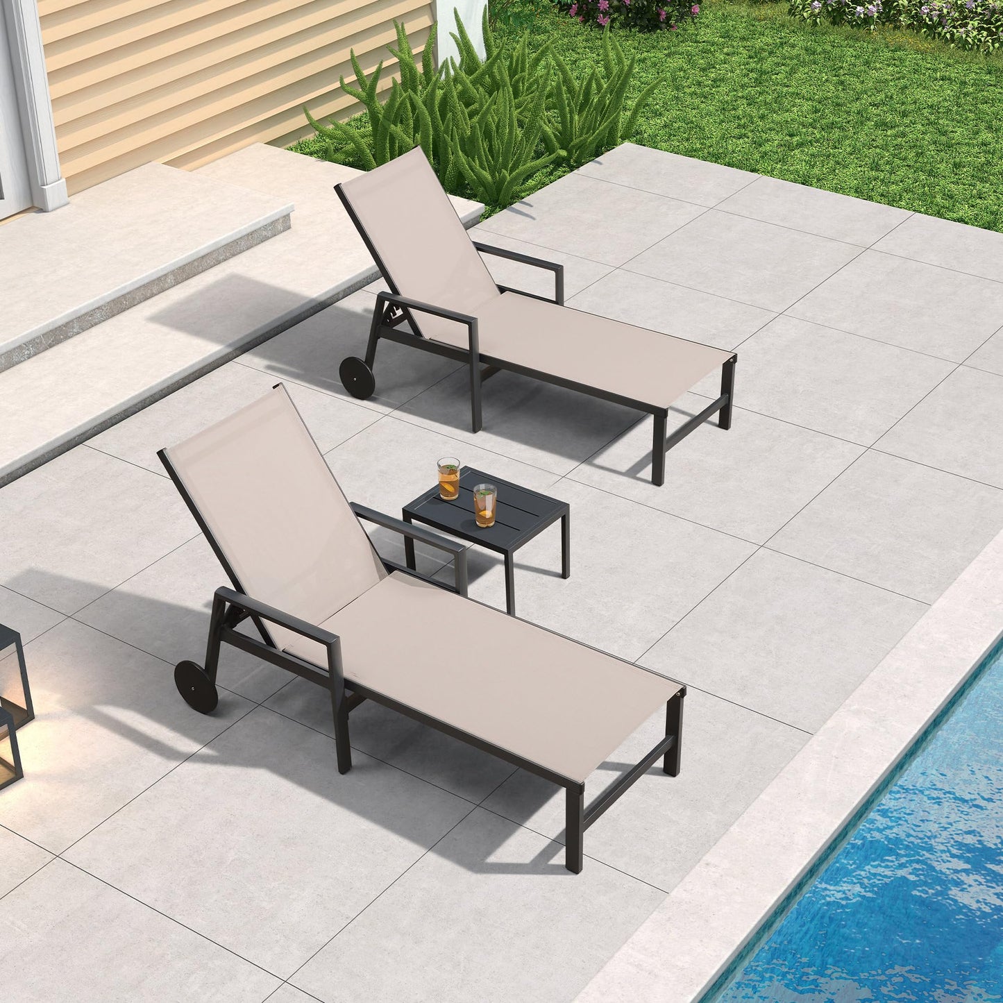PURPLE LEAF Outdoor Chaise Lounge Chair Set of 2 Patio Pool Lounger Wicker Chairs with Wooden Armrest Sunbathing Tanning Recliner for Pool Backyard Garden Dark Brown
