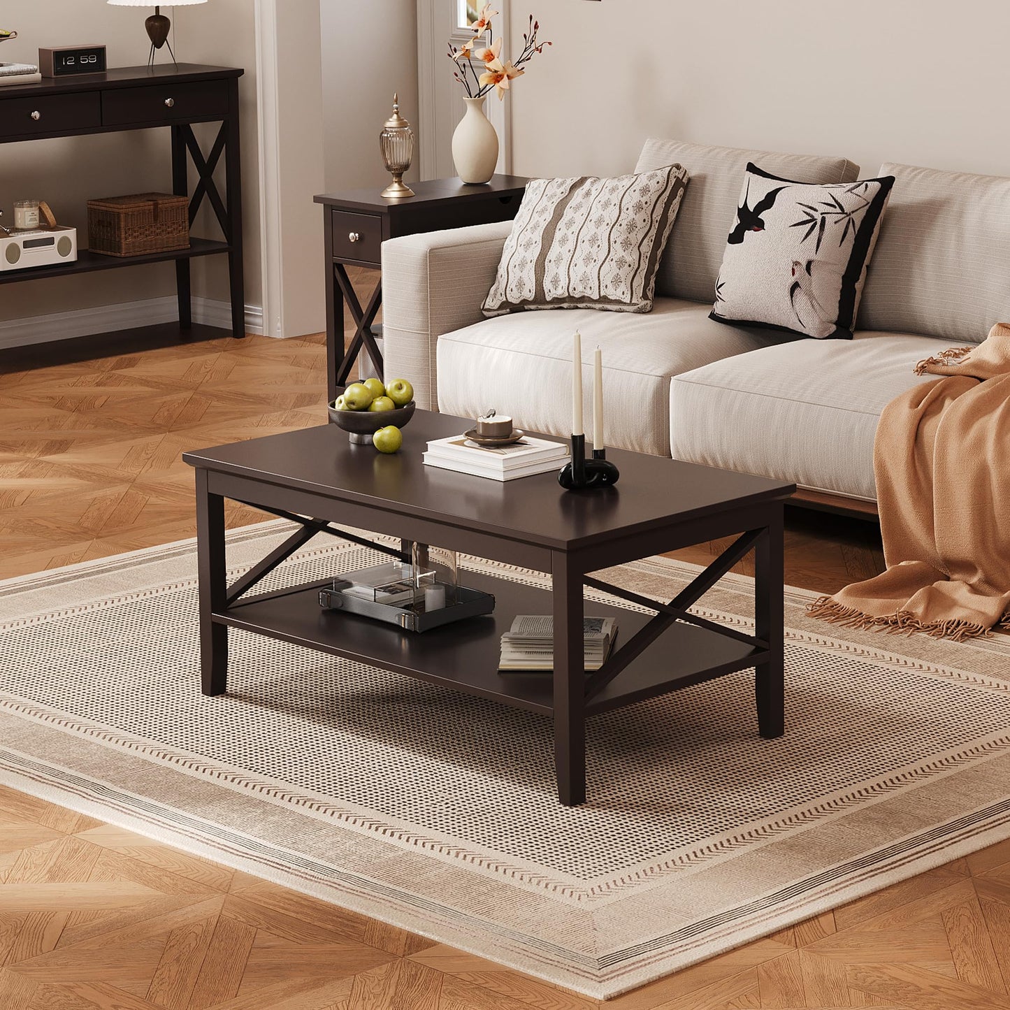 ChooChoo White Coffee Table Classic X Design for Living Room, Rectangular Modern Cocktail Table with Storage Shelf, 39 Inch