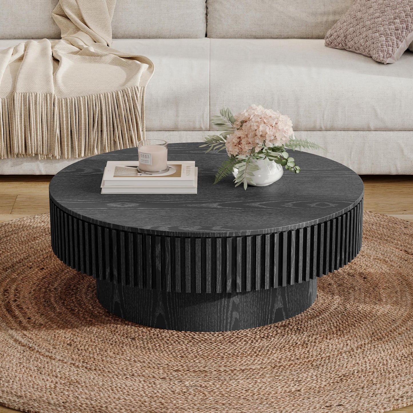 31.5" Round Drum Coffee Table with Storage, Handcraft Fluted Drum Coffee Table, Modern Wooden Circle Cocktail Tea Table Center Table with Sturdy Pedestal for Living Room Apartment (Walnut)