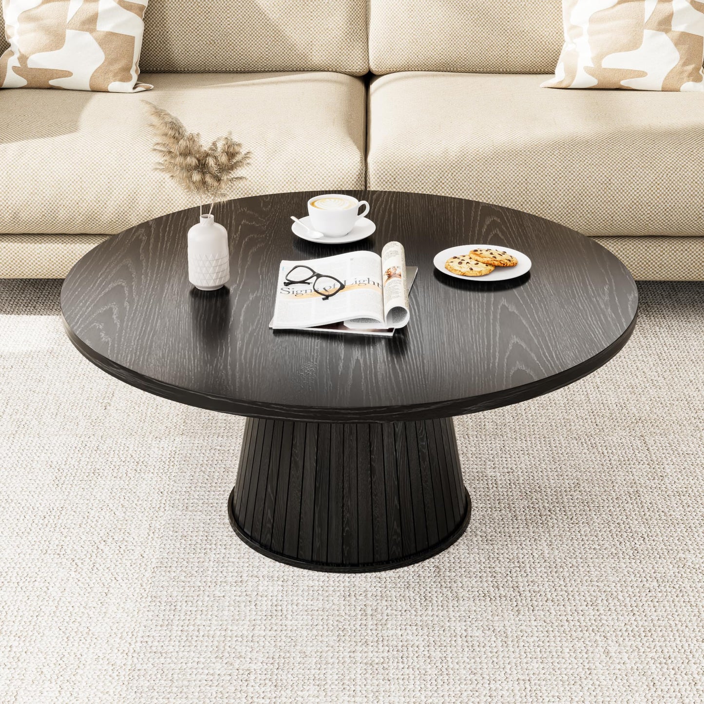 Fluted Round Coffee Table, Mid Century Modern Coffee Table, Small Walnut Circle Center Table, Brown, Farmhouse Wood, for Living Room, 31.5 Inches, Rustic, Easy Assembly