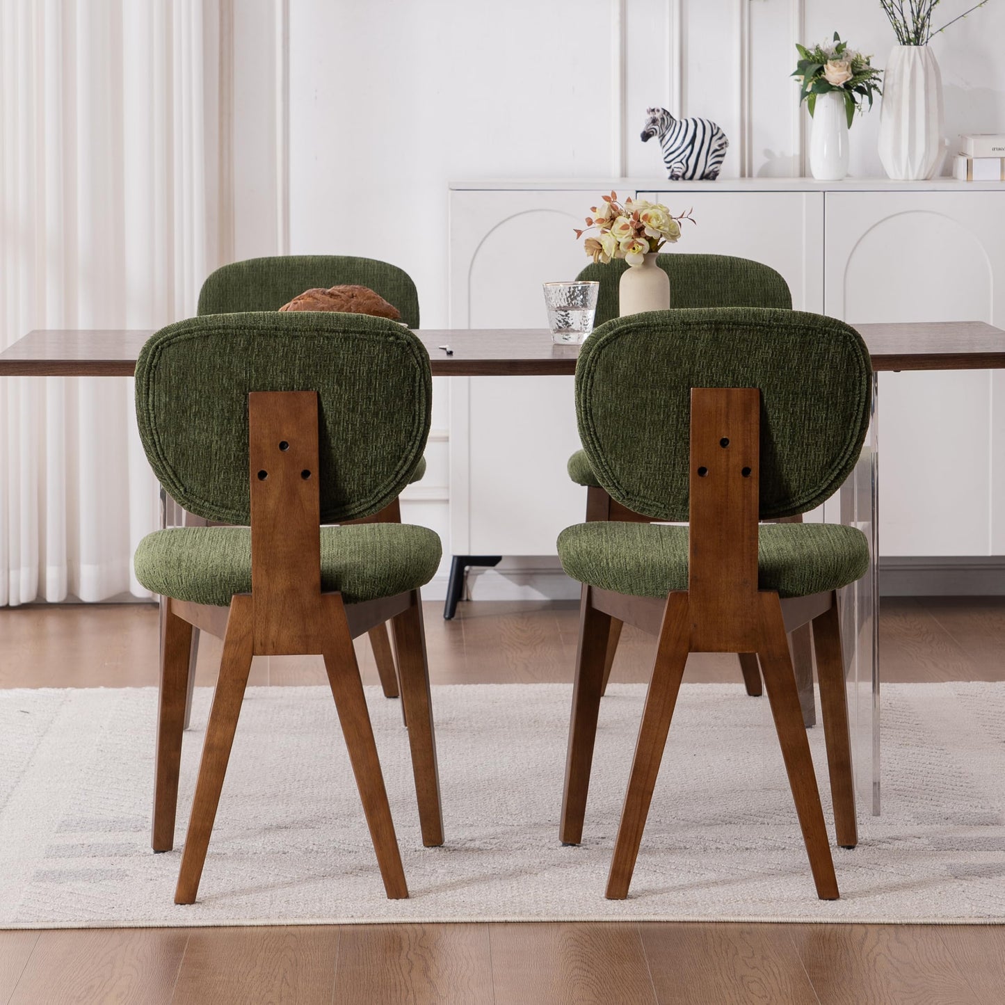 VKNOW Wooden Dining Chairs Set of 4, Mid Century Modern Upholstered Kitchen Side Chairs, Chenille Dining Room Chair with Curved Seat Backrest for Home Dining Room,Green