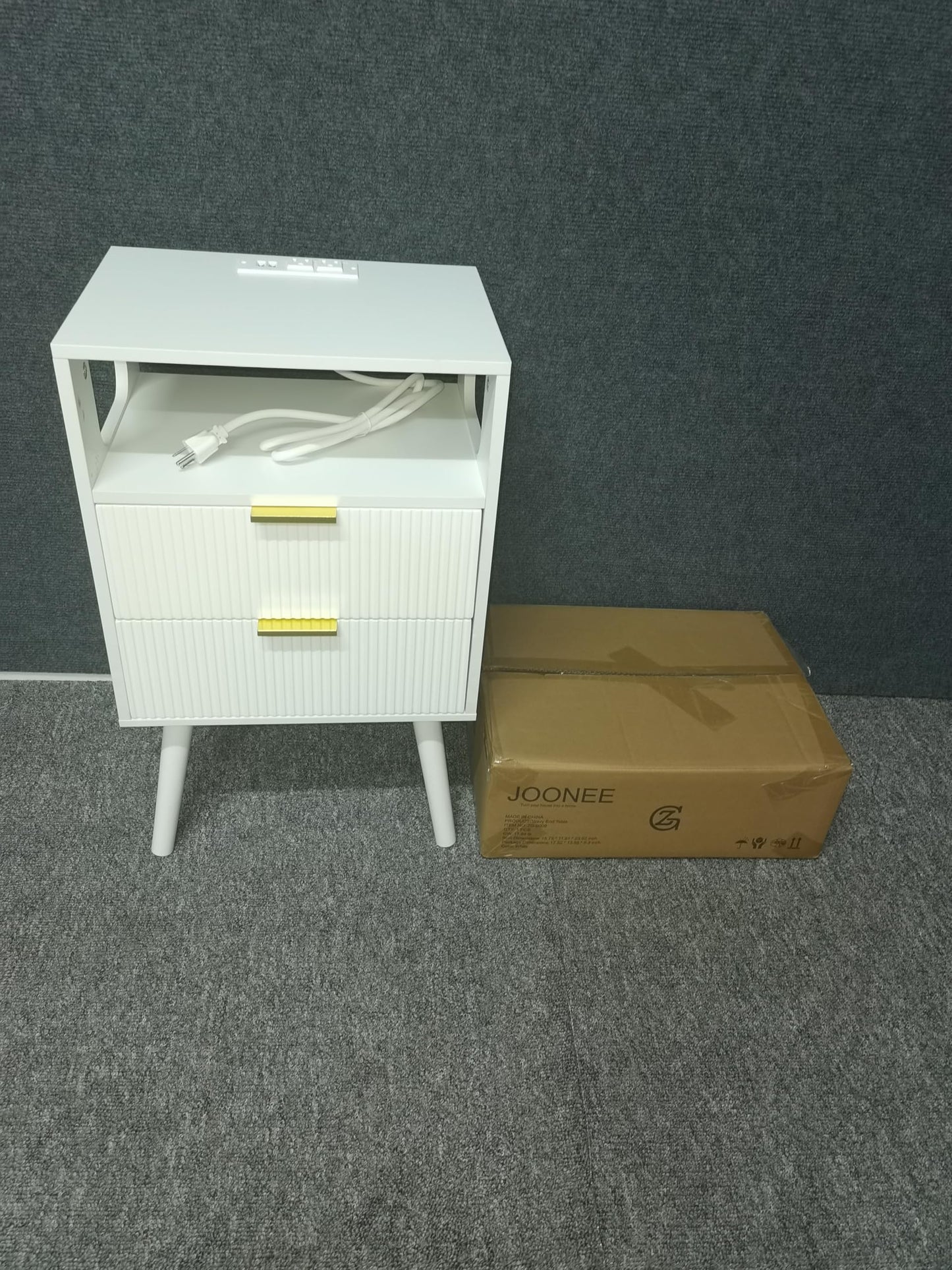 Nightstand with Charging Station and LED Lights,Modern Bedside Table with 2 Storage Drawer and Open Wood Shelf, for Bedroom and Small Spaces,Night Stand with Solid Wood Legs,GreyOak