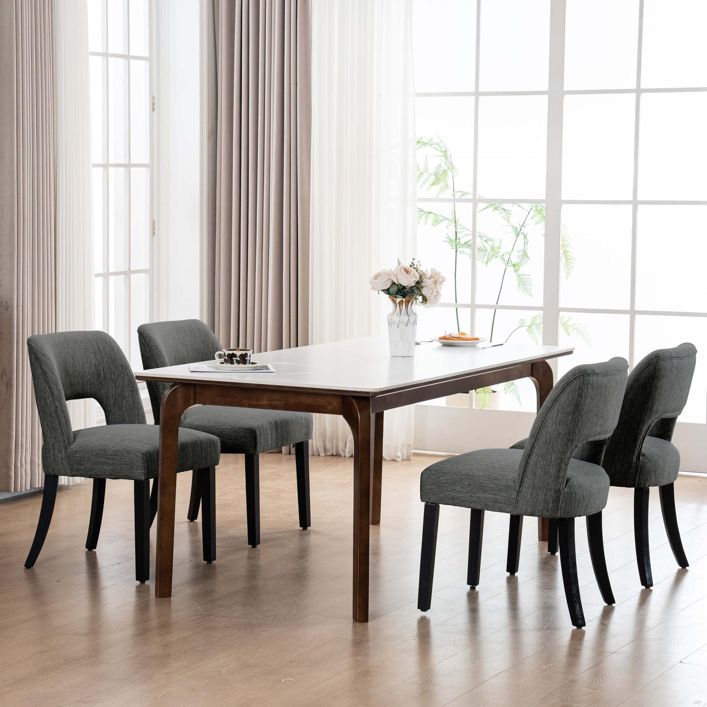 VKNOW Wooden Dining Chairs Set of 2, Modern Fabric Upholstered Dining Room Chair Kitchen Chairs, Farmhouse Dinner Chair for Kitchen Dining Room, Beige-Black Legs