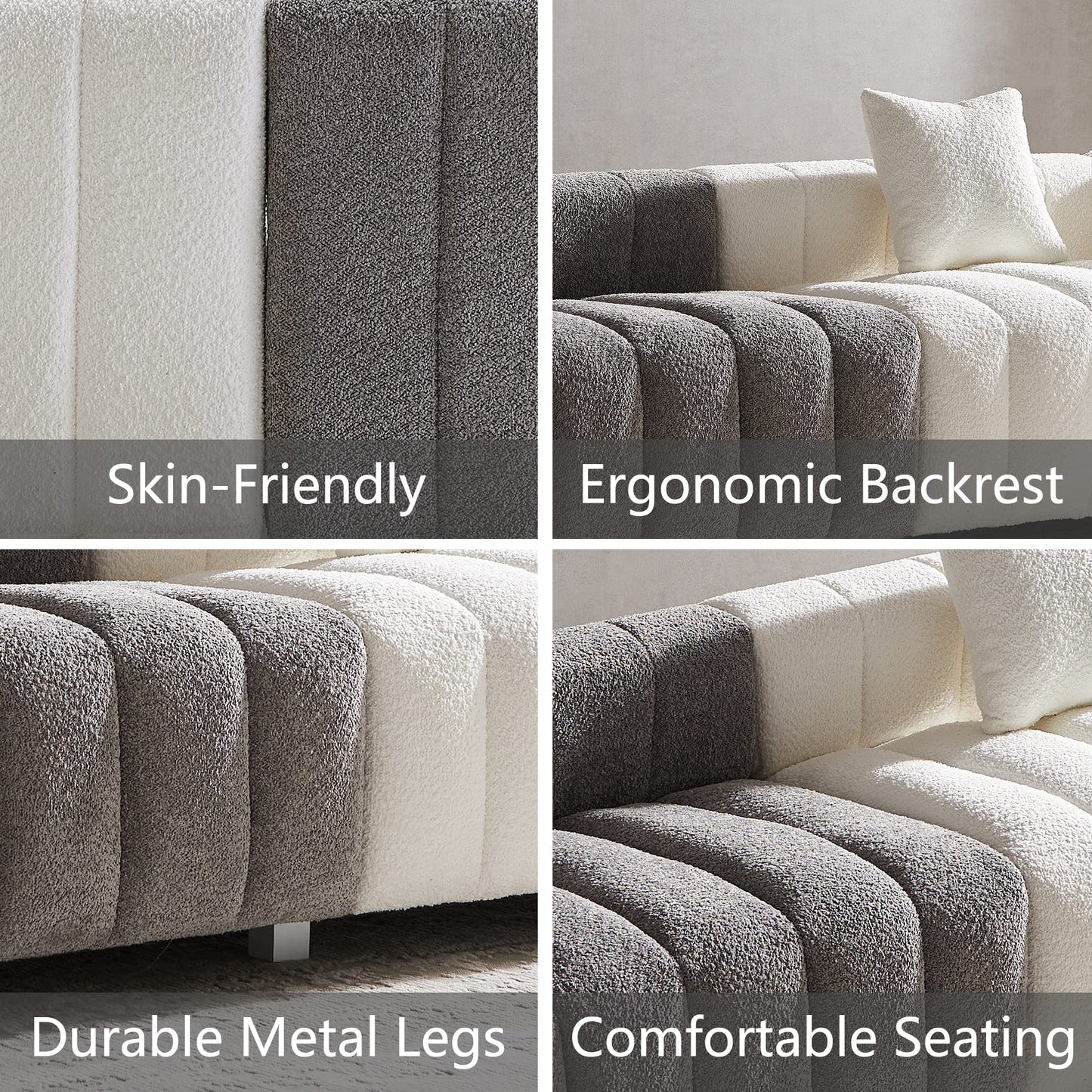 87.4" Modern 3 Seater Boucle Sofa Couch for Living Room, Mid Century Fluffy Couches with Solid Wood Frame and 6 Legs for Bedroom, Apartment, Weight Capacity 750 LBS (White)