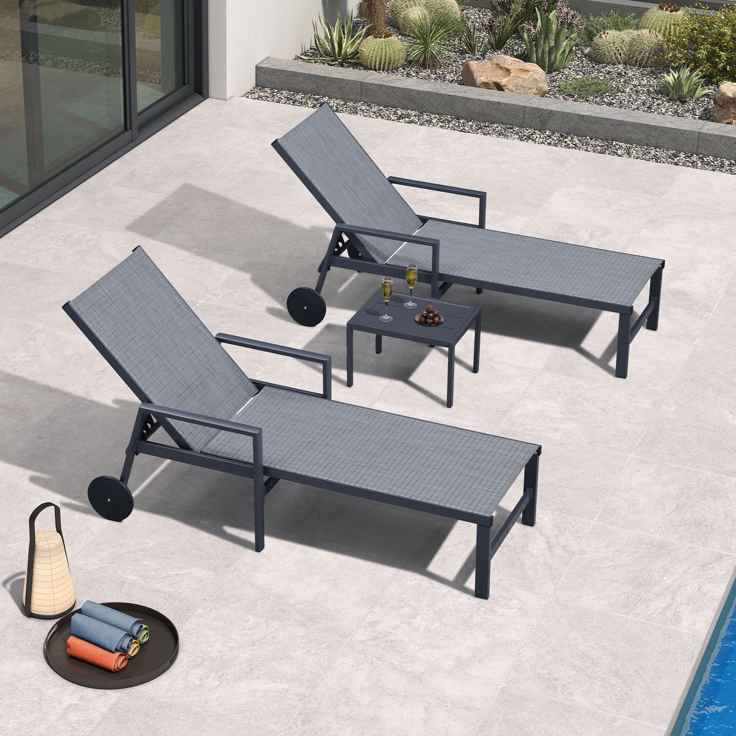 PURPLE LEAF Outdoor Chaise Lounge Chair Set of 2 Patio Pool Lounger Wicker Chairs with Wooden Armrest Sunbathing Tanning Recliner for Pool Backyard Garden Dark Brown
