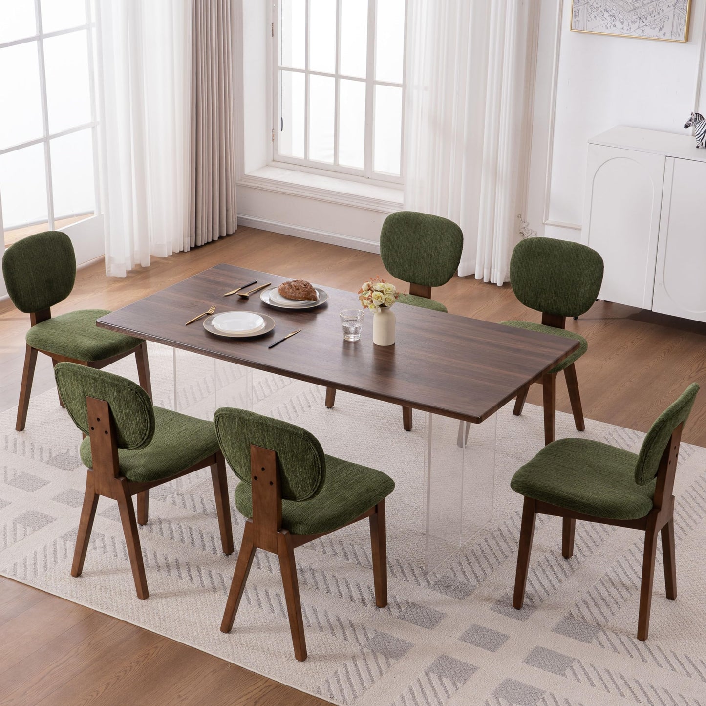 VKNOW Wooden Dining Chairs Set of 4, Mid Century Modern Upholstered Kitchen Side Chairs, Chenille Dining Room Chair with Curved Seat Backrest for Home Dining Room,Green