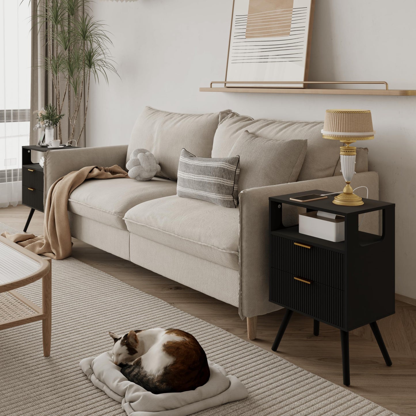Nightstand with Charging Station and LED Lights,Modern Bedside Table with 2 Storage Drawer and Open Wood Shelf, for Bedroom and Small Spaces,Night Stand with Solid Wood Legs,GreyOak