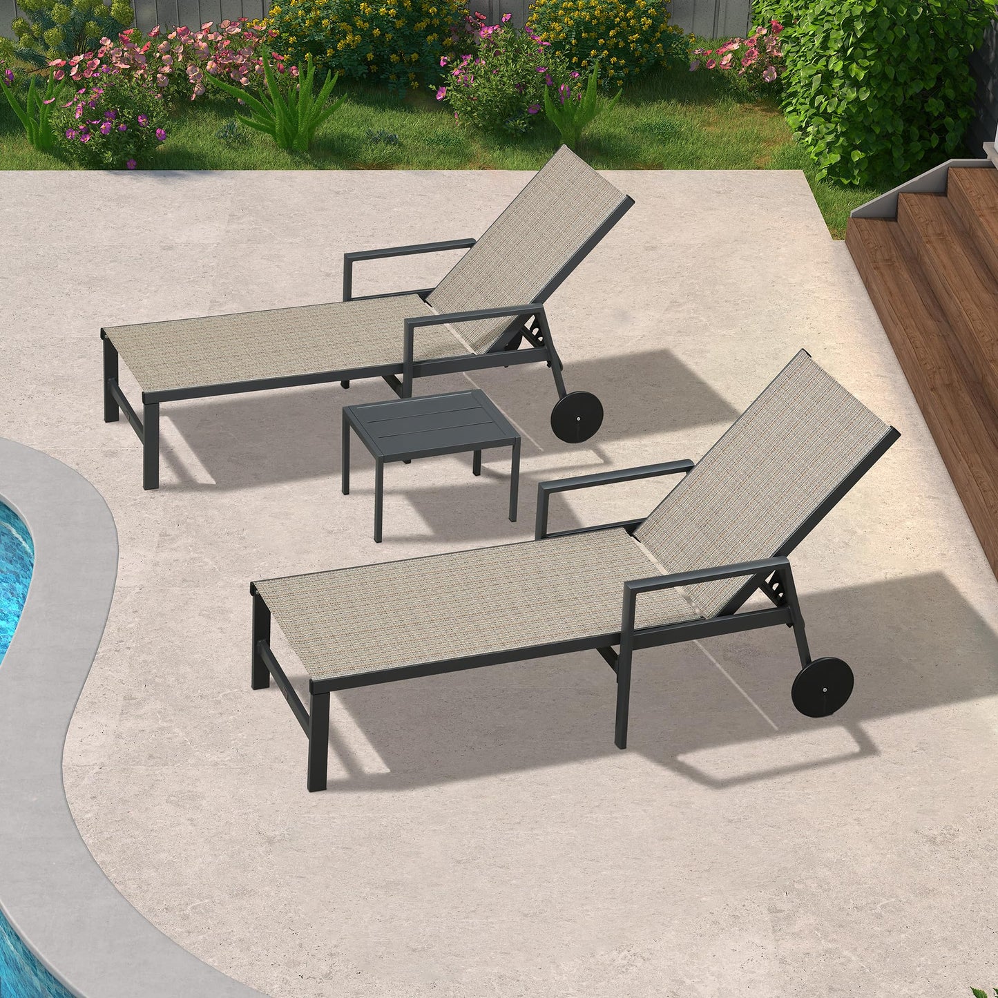 PURPLE LEAF Outdoor Chaise Lounge Chair Set of 2 Patio Pool Lounger Wicker Chairs with Wooden Armrest Sunbathing Tanning Recliner for Pool Backyard Garden Dark Brown