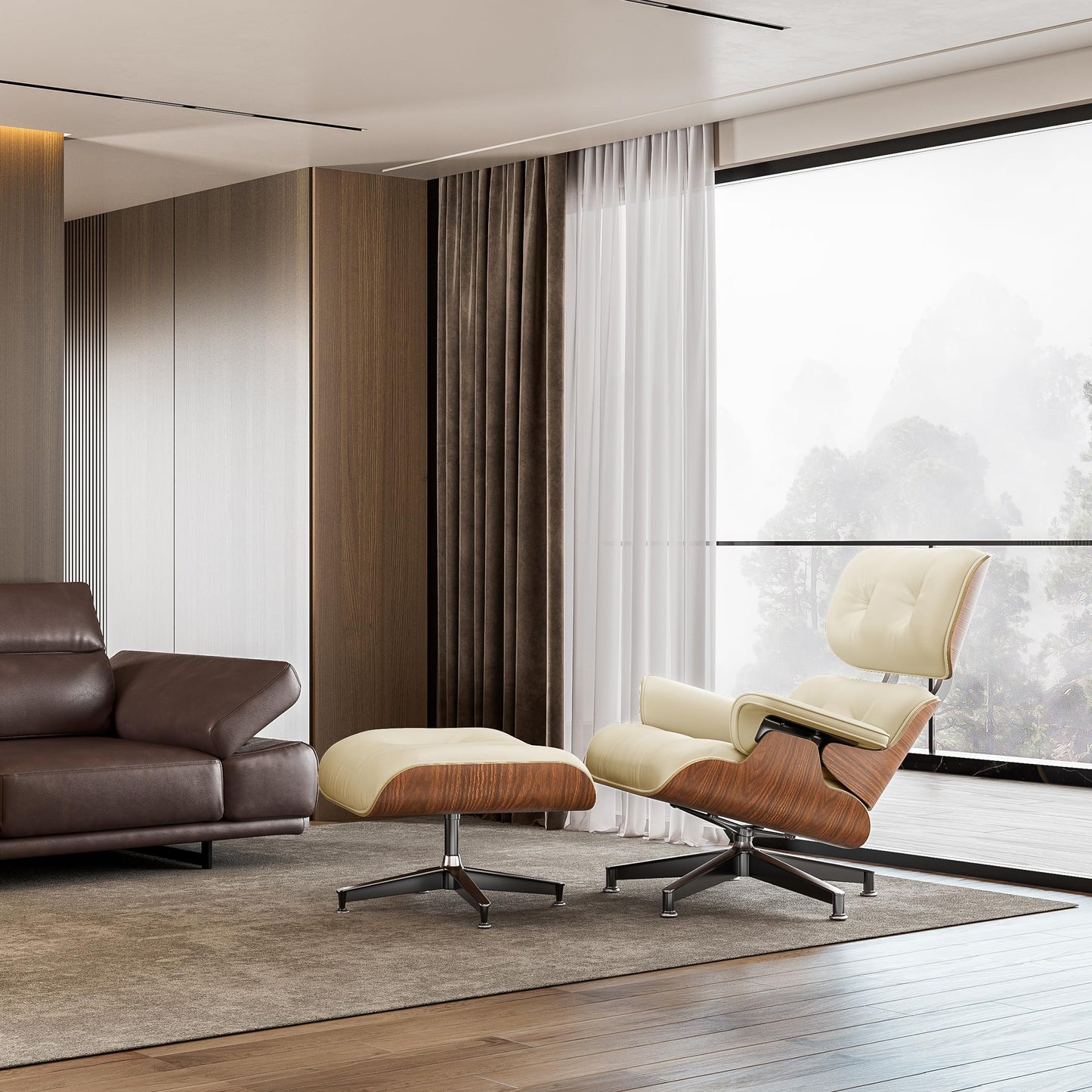 Top Black Grain Leather, Mid Century Chaise Lounge Chair and Ottoman, Modern Chair Classic Design, Walnut Wood, Heavy Duty Base Support for Living Room Office