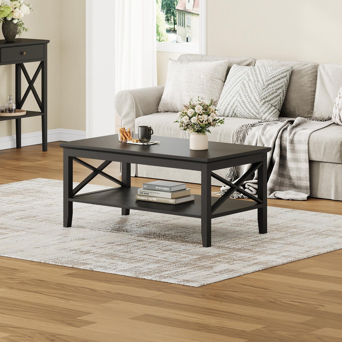 ChooChoo White Coffee Table Classic X Design for Living Room, Rectangular Modern Cocktail Table with Storage Shelf, 39 Inch