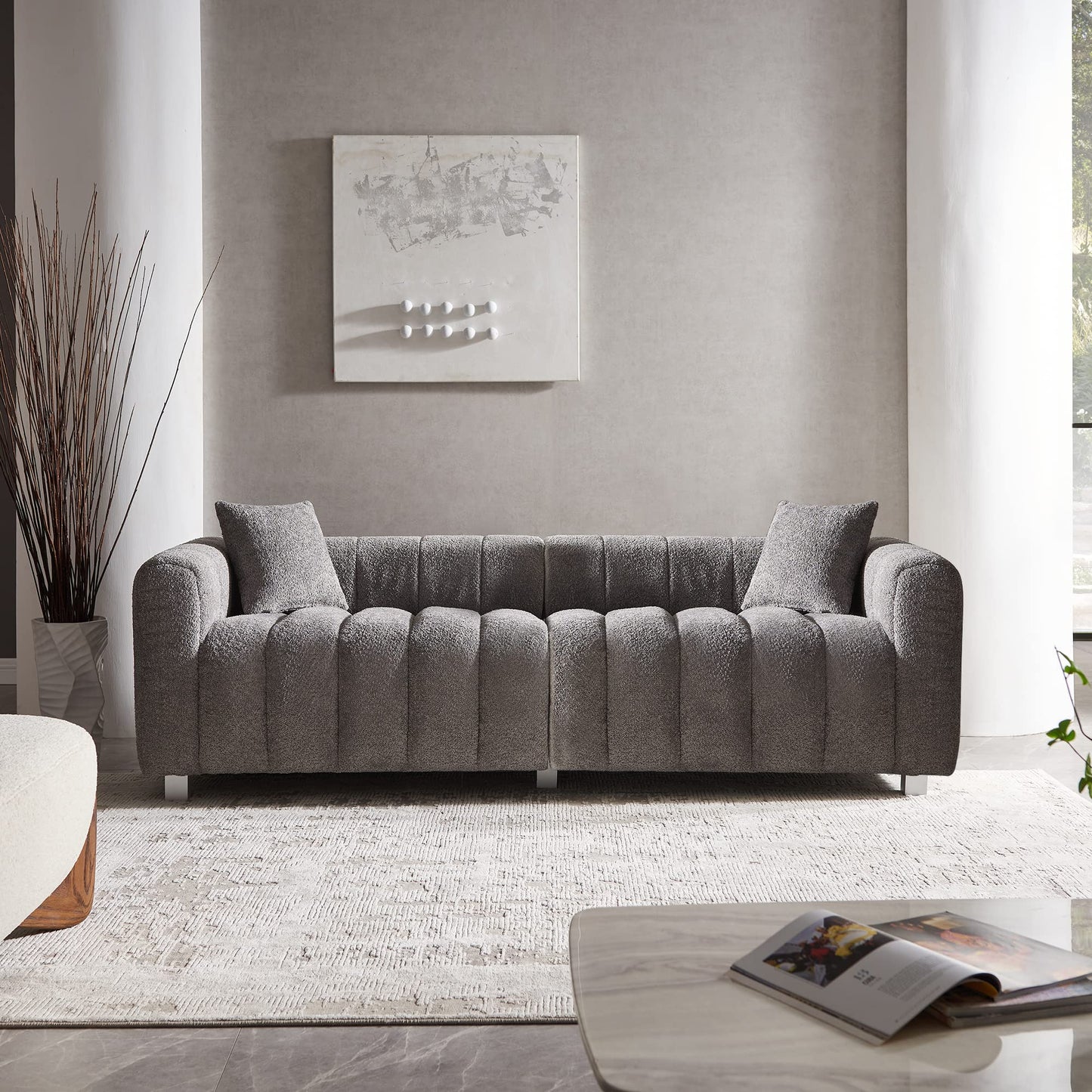 87.4" Modern 3 Seater Boucle Sofa Couch for Living Room, Mid Century Fluffy Couches with Solid Wood Frame and 6 Legs for Bedroom, Apartment, Weight Capacity 750 LBS (White)