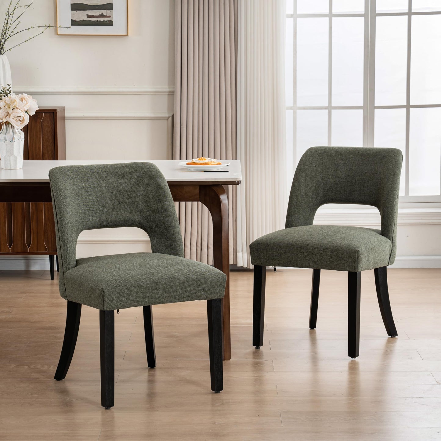 VKNOW Wooden Dining Chairs Set of 2, Modern Fabric Upholstered Dining Room Chair Kitchen Chairs, Farmhouse Dinner Chair for Kitchen Dining Room, Beige-Black Legs