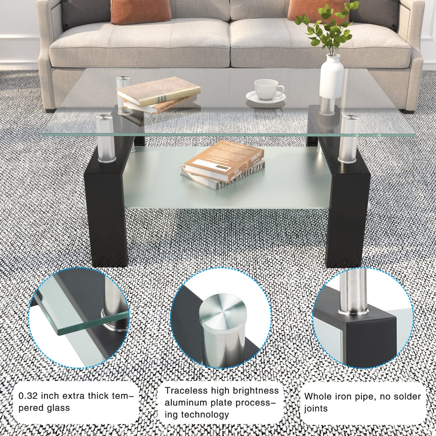 Meihua Tempered Glass Coffee Table for Living Room, Clear Center Table with 0.47 inch Tempered Glass, Transparent Modern Coffee Table