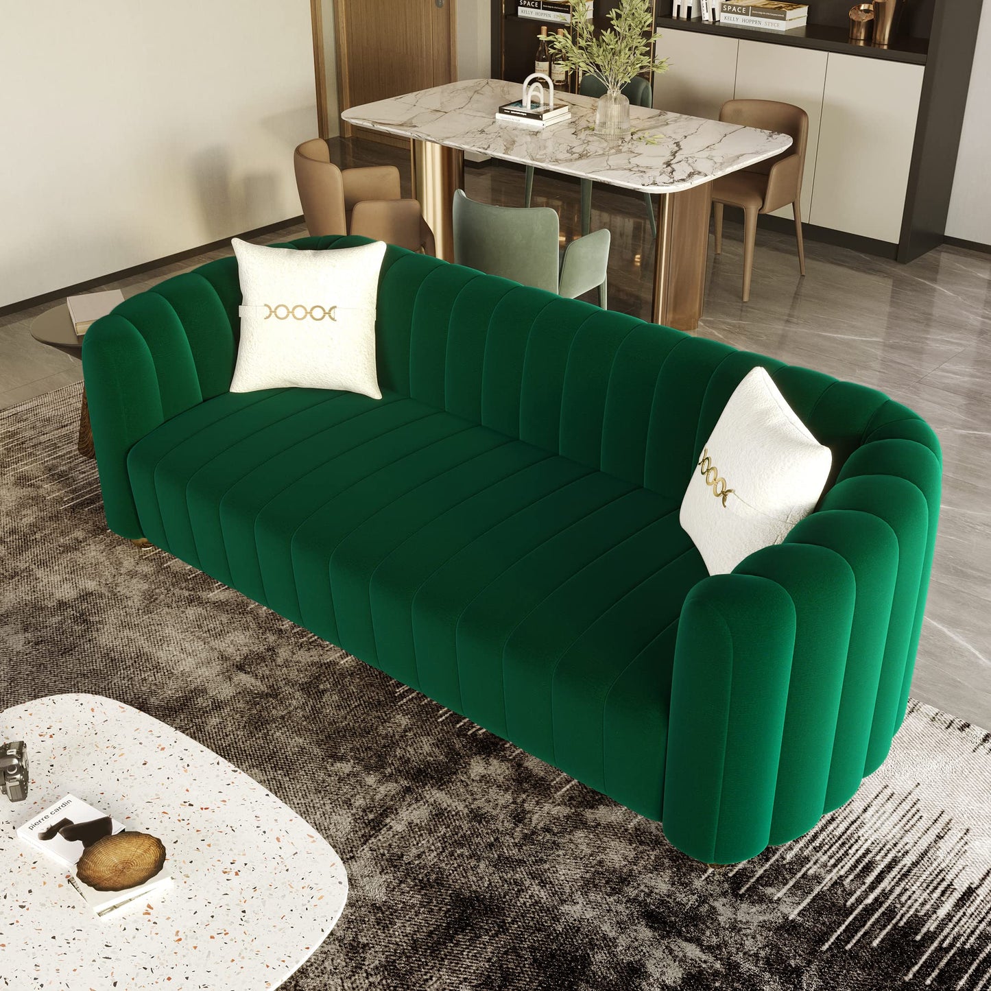 83'' Sofa for Living Room Modern Teddy Short Plush Couch 3-Seater Apartment Sofa with 2 Pillows & Golden Metal Legs
