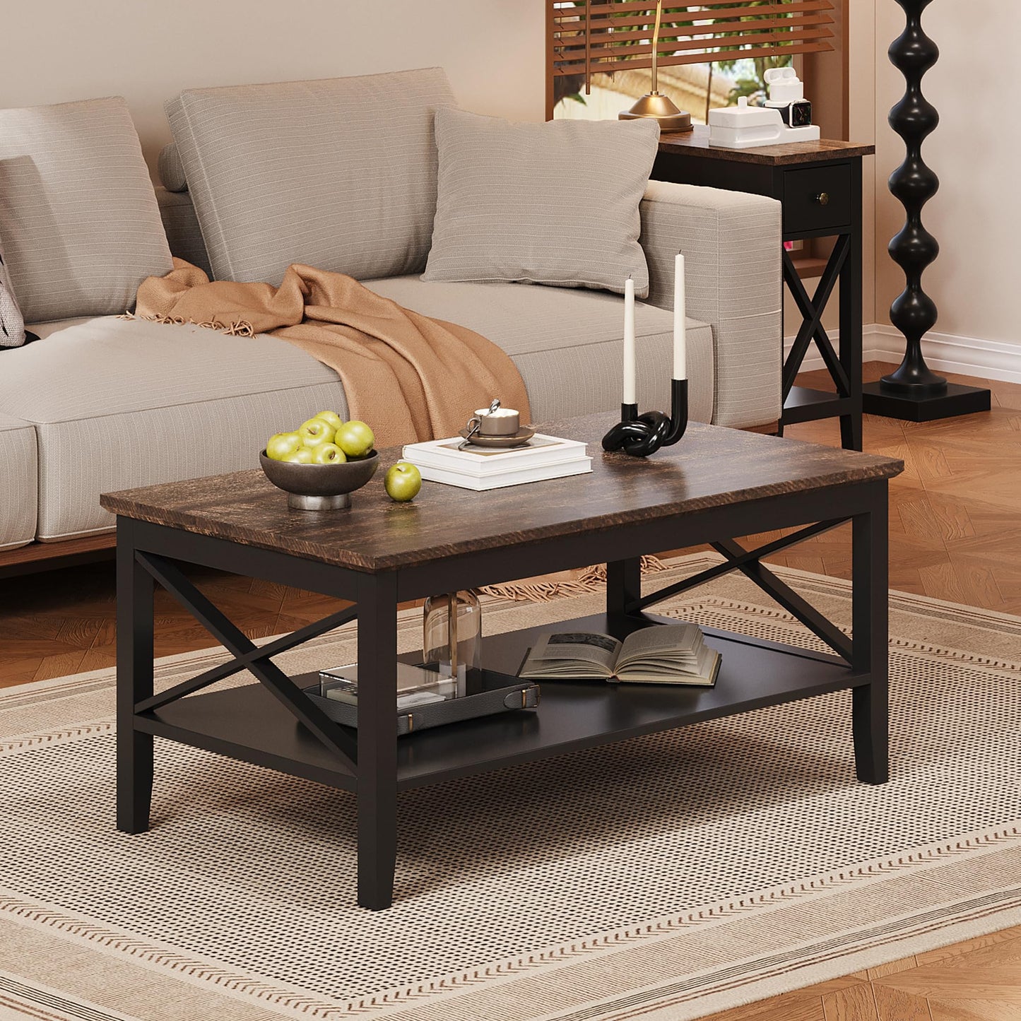 ChooChoo White Coffee Table Classic X Design for Living Room, Rectangular Modern Cocktail Table with Storage Shelf, 39 Inch