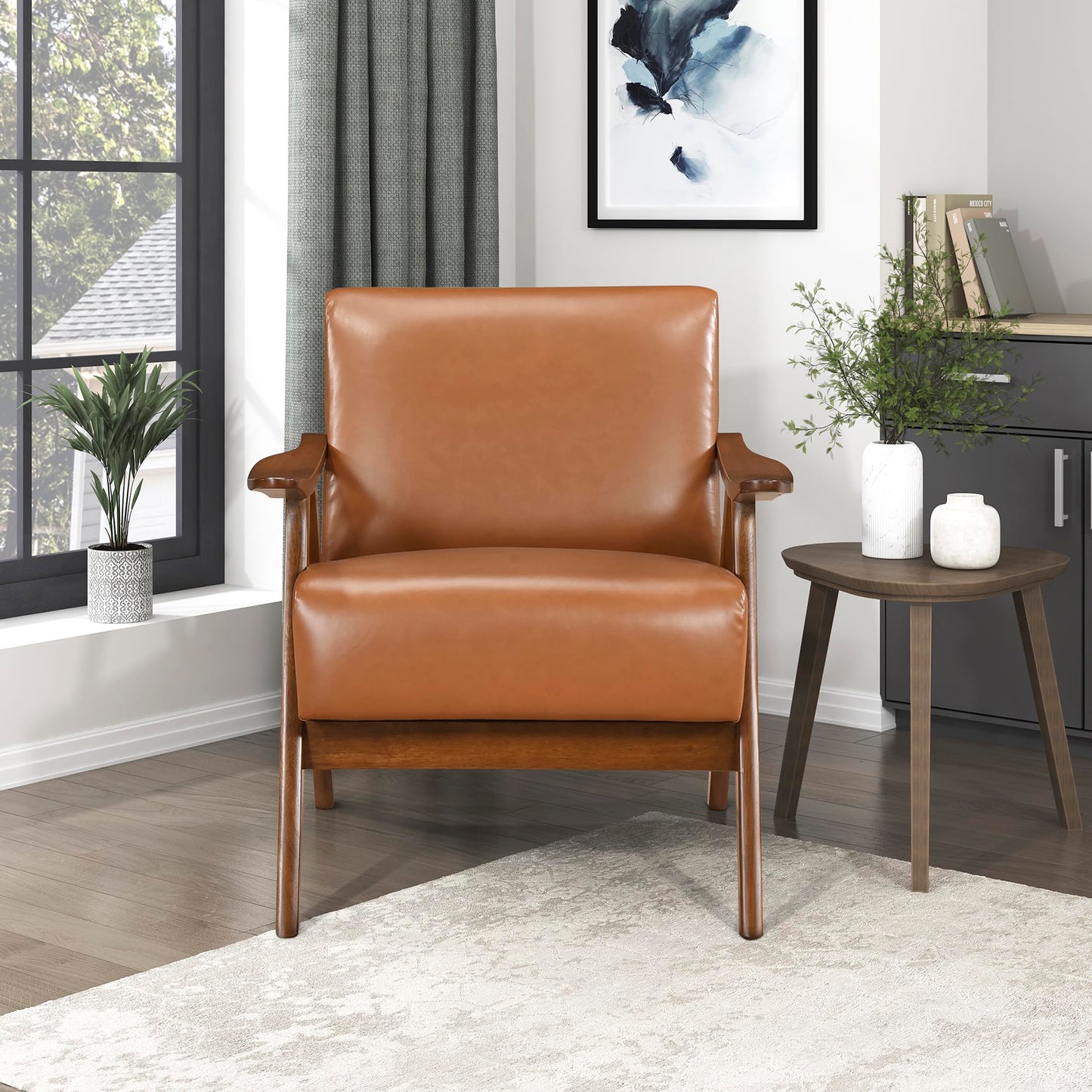 Lexicon Mid Century Modern Accent Chair with Solid Wood Frame in Walnut Finish, Upholstered Living Room Lounge Arm Chair, Thick and Comfy Innerspring Seat Cushion, Linen-Look Fabric, Gray