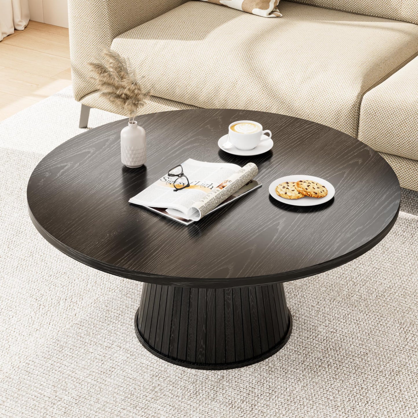 Fluted Round Coffee Table, Mid Century Modern Coffee Table, Small Walnut Circle Center Table, Brown, Farmhouse Wood, for Living Room, 31.5 Inches, Rustic, Easy Assembly