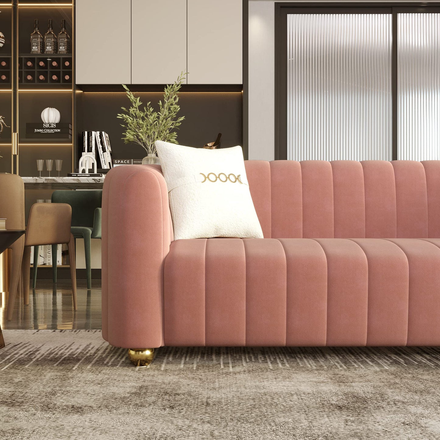 83'' Sofa for Living Room Modern Teddy Short Plush Couch 3-Seater Apartment Sofa with 2 Pillows & Golden Metal Legs