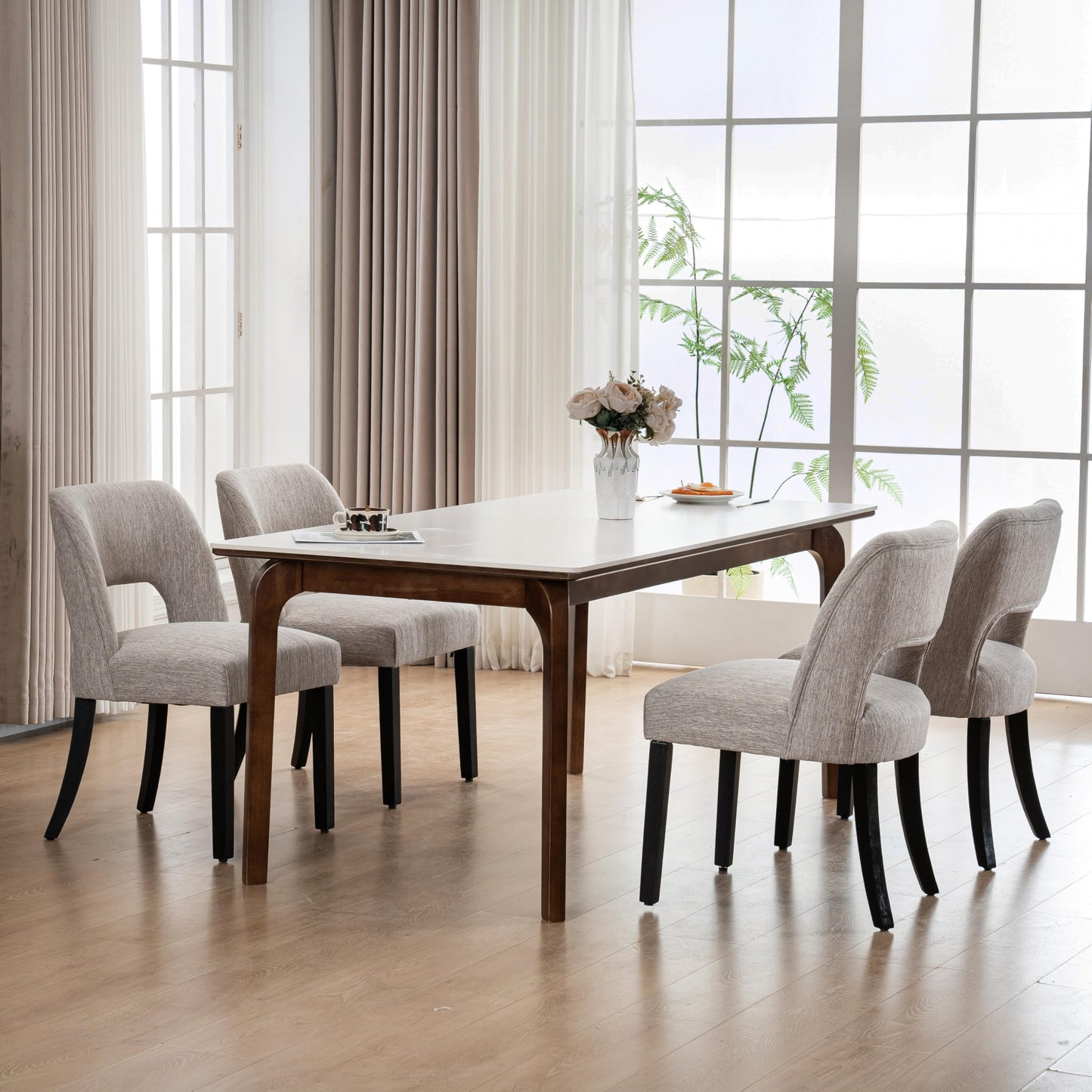 VKNOW Wooden Dining Chairs Set of 2, Modern Fabric Upholstered Dining Room Chair Kitchen Chairs, Farmhouse Dinner Chair for Kitchen Dining Room, Beige-Black Legs