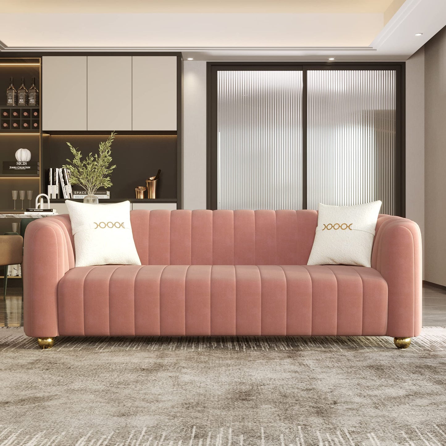 83'' Sofa for Living Room Modern Teddy Short Plush Couch 3-Seater Apartment Sofa with 2 Pillows & Golden Metal Legs