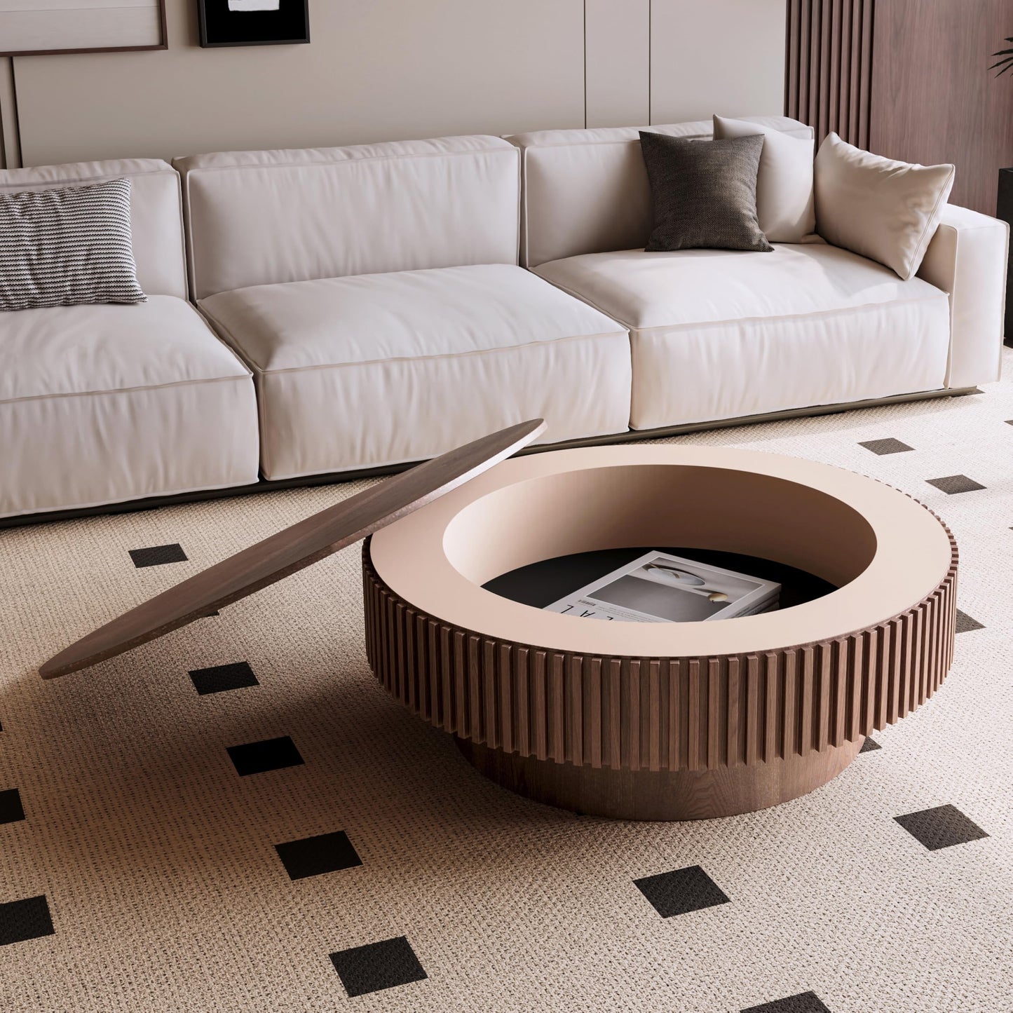 31.5" Round Drum Coffee Table with Storage, Handcraft Fluted Drum Coffee Table, Modern Wooden Circle Cocktail Tea Table Center Table with Sturdy Pedestal for Living Room Apartment (Walnut)