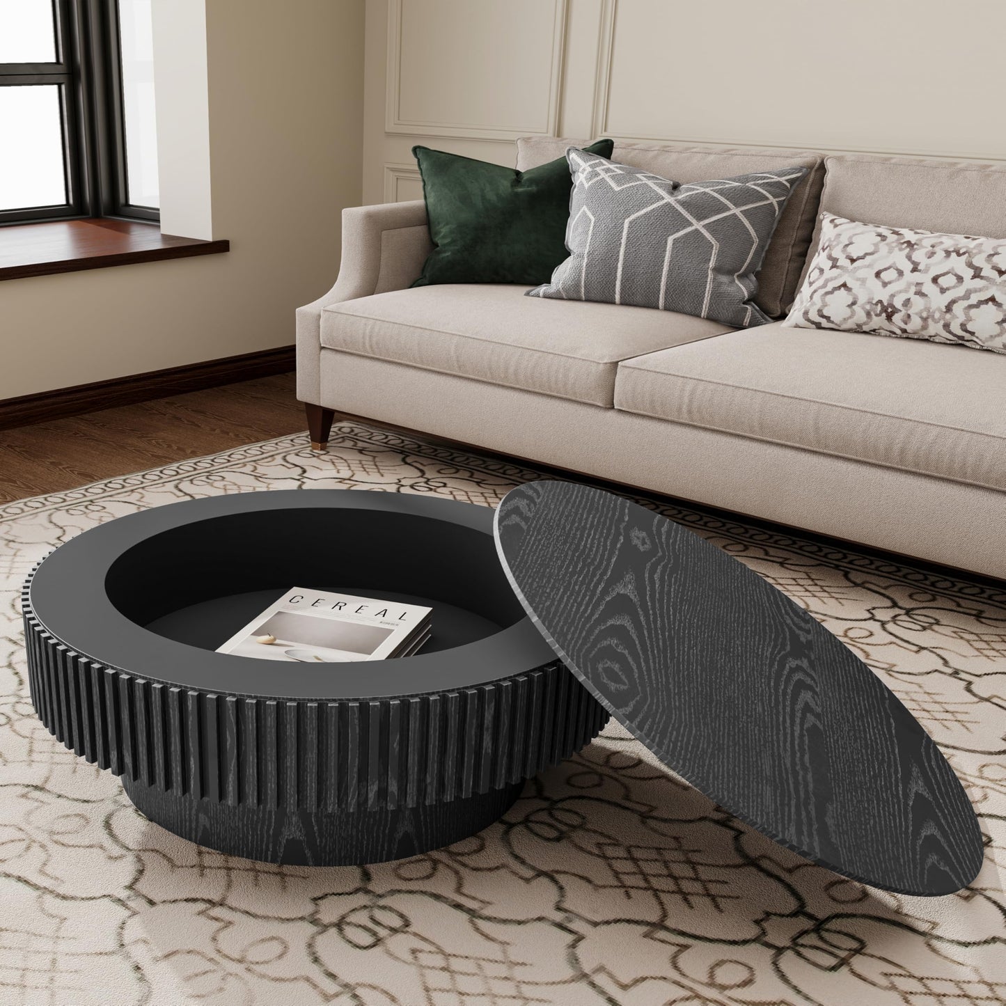 31.5" Round Drum Coffee Table with Storage, Handcraft Fluted Drum Coffee Table, Modern Wooden Circle Cocktail Tea Table Center Table with Sturdy Pedestal for Living Room Apartment (Walnut)