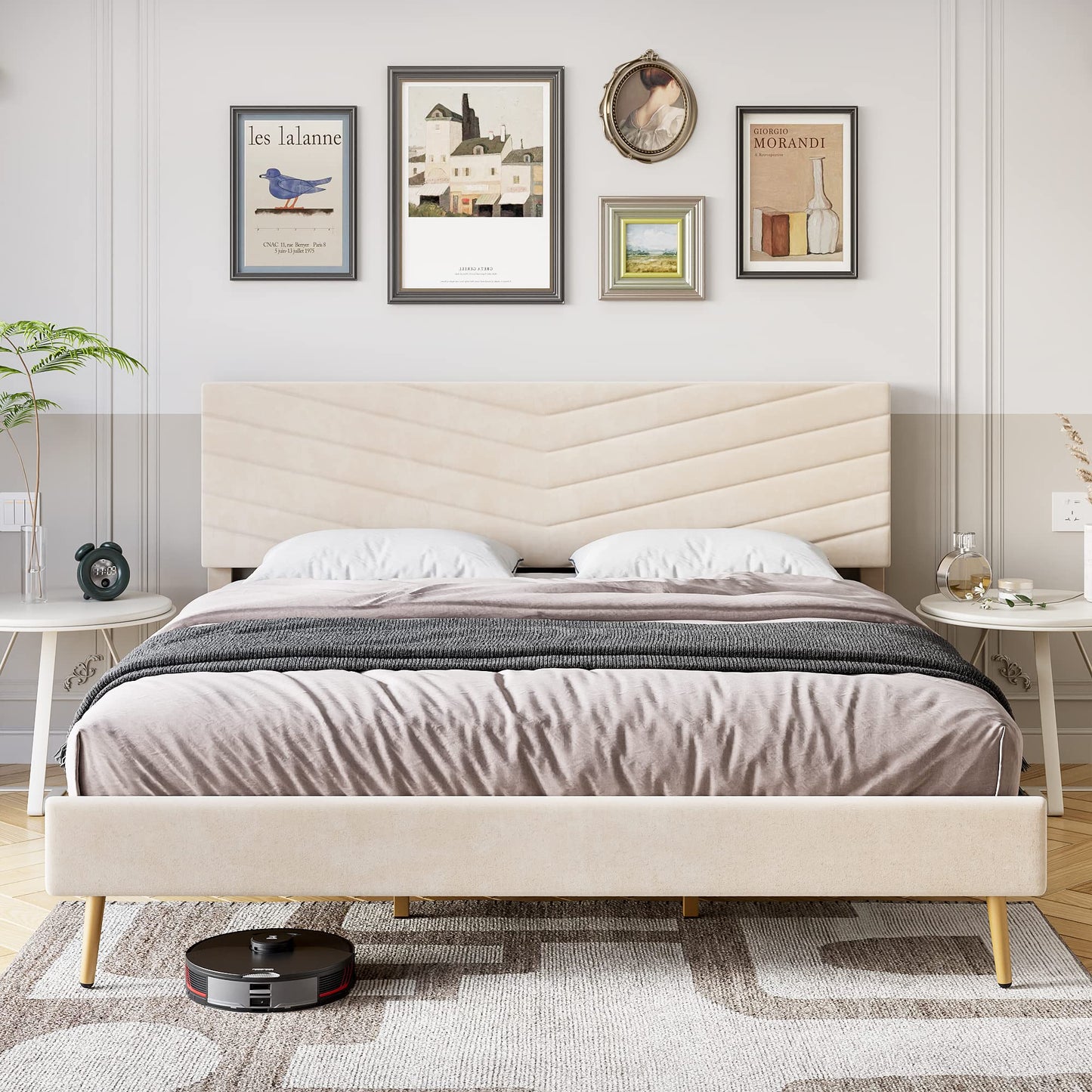 IDEALHOUSE King Upholstered Bed Frame with Wingback Headboard, Luxurious Velvet Upholstery Platform Bed, Wooden Slat Support, and Easy Assembly - Box Spring Optional, Light Gray