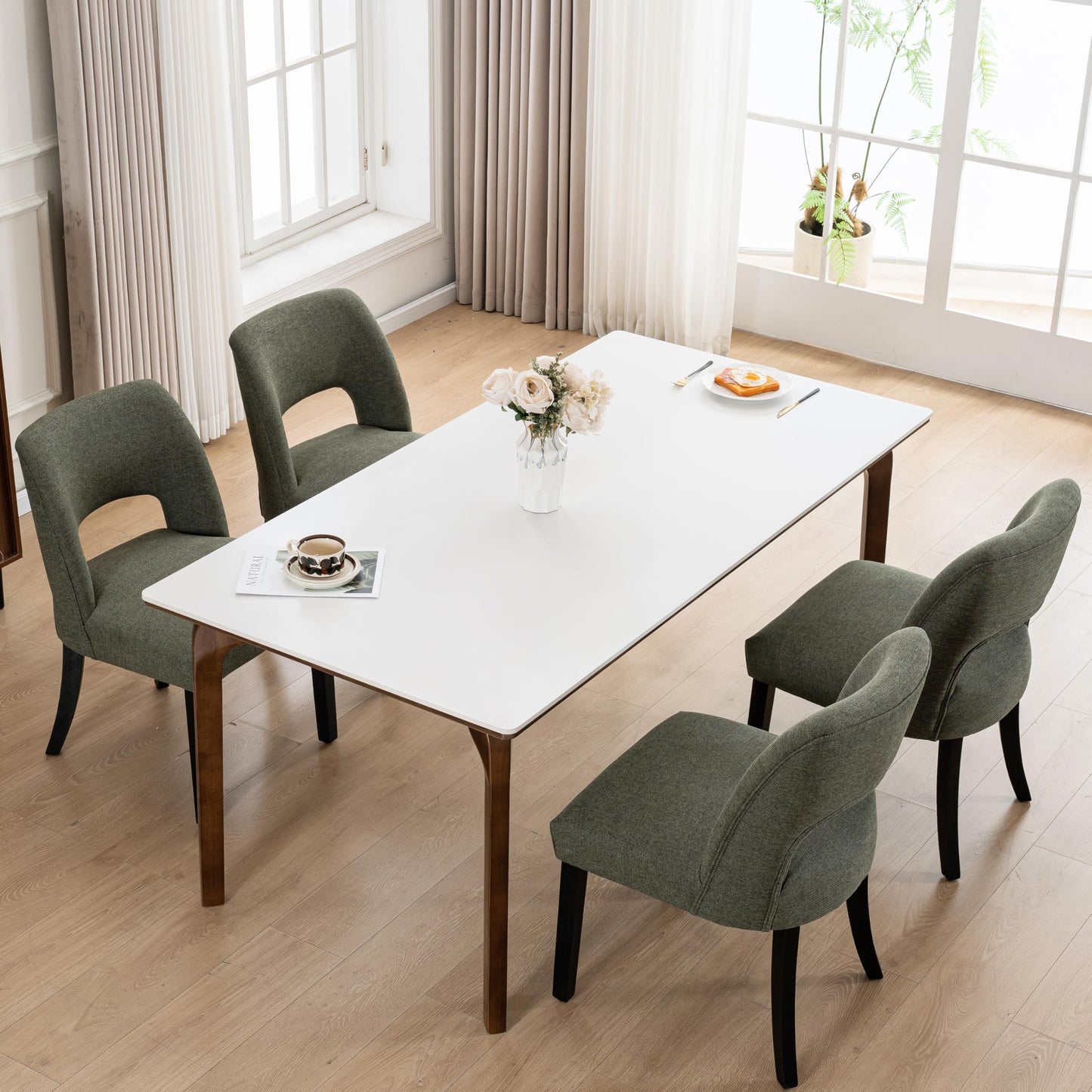 VKNOW Wooden Dining Chairs Set of 2, Modern Fabric Upholstered Dining Room Chair Kitchen Chairs, Farmhouse Dinner Chair for Kitchen Dining Room, Beige-Black Legs