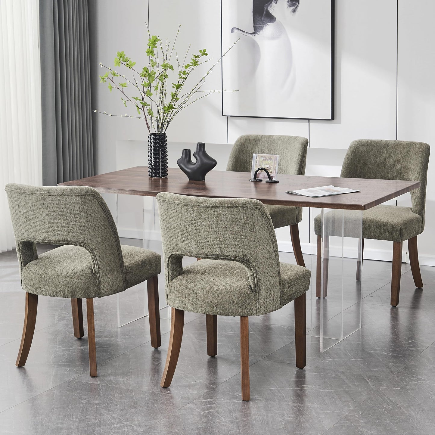 VKNOW Wooden Dining Chairs Set of 2, Modern Fabric Upholstered Dining Room Chair Kitchen Chairs, Farmhouse Dinner Chair for Kitchen Dining Room, Beige-Black Legs