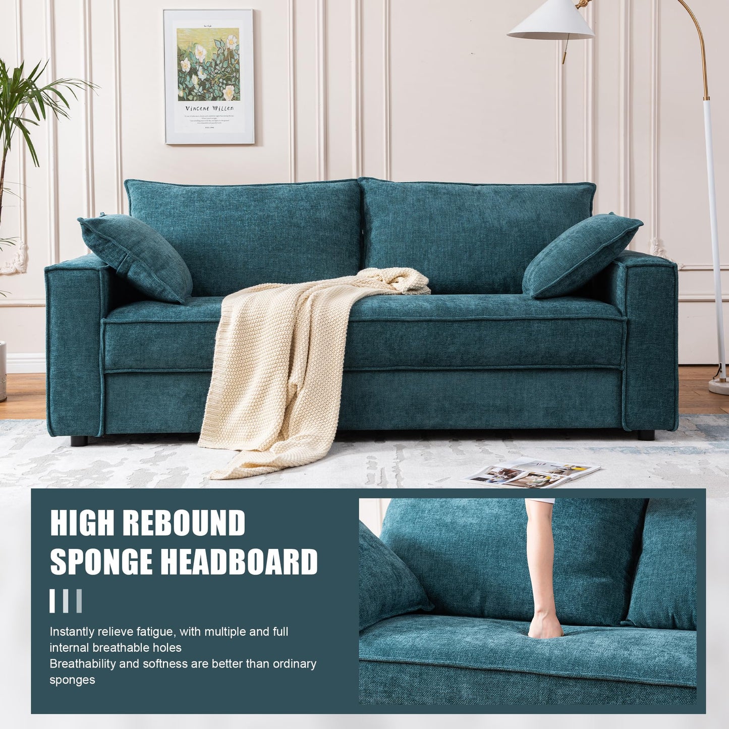 PINJU Three Person Sofa with Wide Upholstered Chaise Lounge Sofa, Linen Fabric, Easy to Assemble, No Noise (Turquoise)