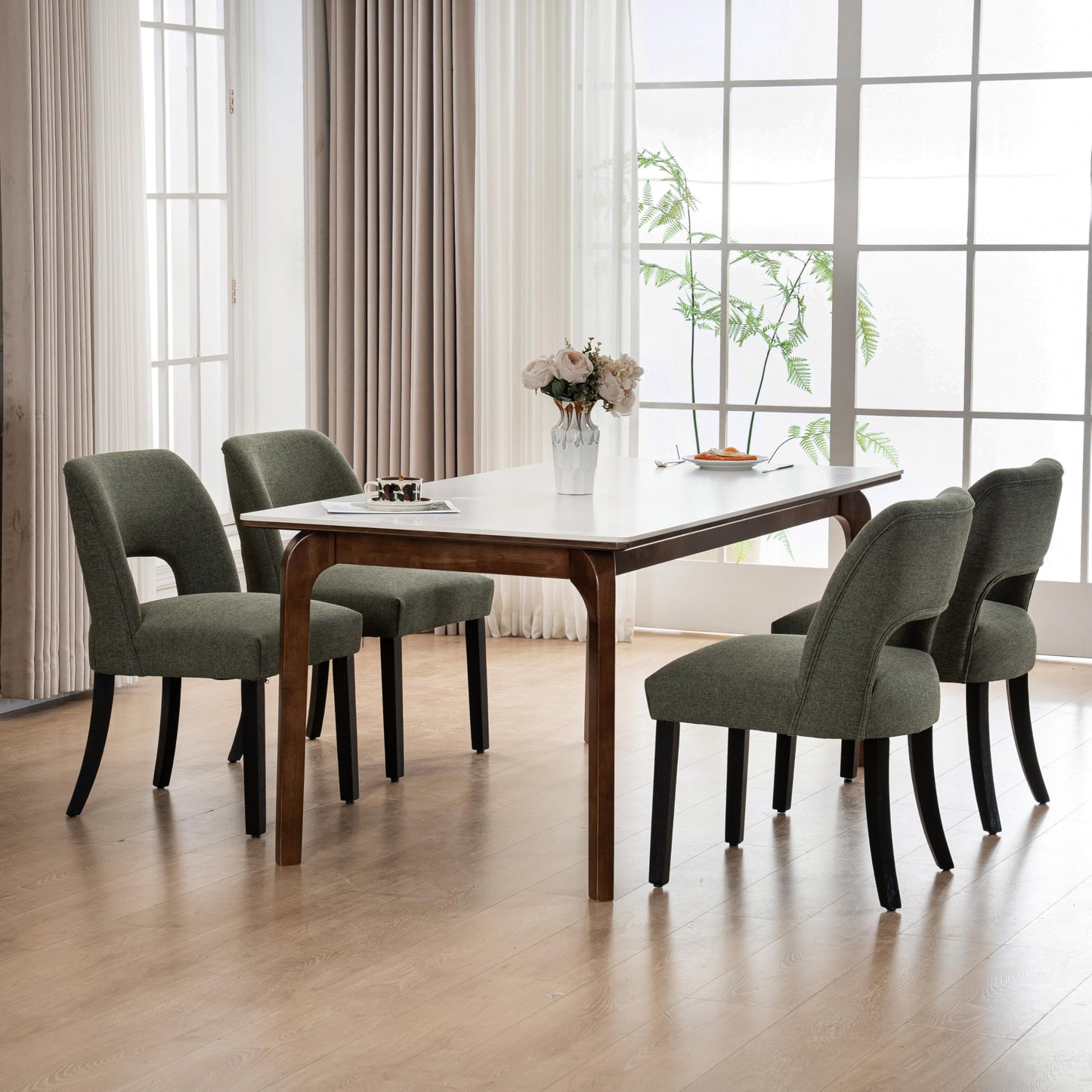 VKNOW Wooden Dining Chairs Set of 2, Modern Fabric Upholstered Dining Room Chair Kitchen Chairs, Farmhouse Dinner Chair for Kitchen Dining Room, Beige-Black Legs