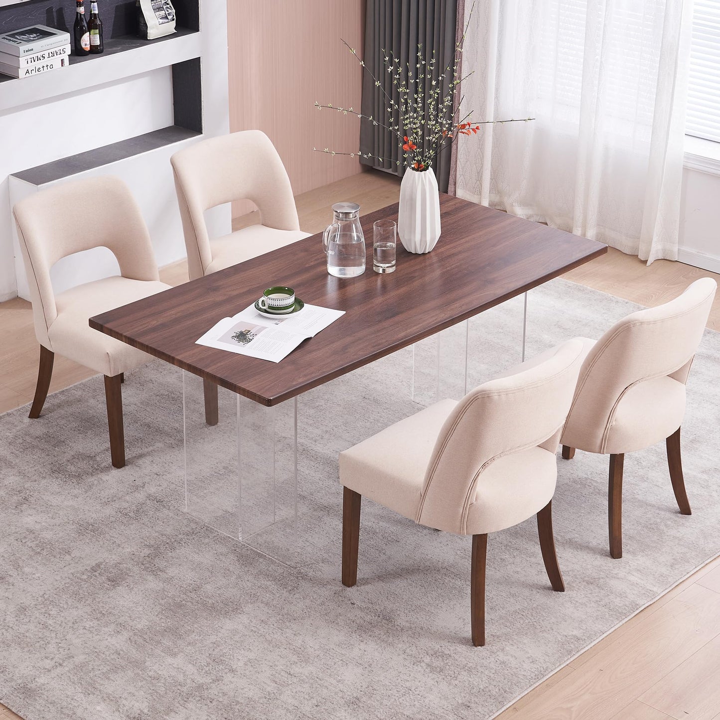 VKNOW Wooden Dining Chairs Set of 2, Modern Fabric Upholstered Dining Room Chair Kitchen Chairs, Farmhouse Dinner Chair for Kitchen Dining Room, Beige-Black Legs