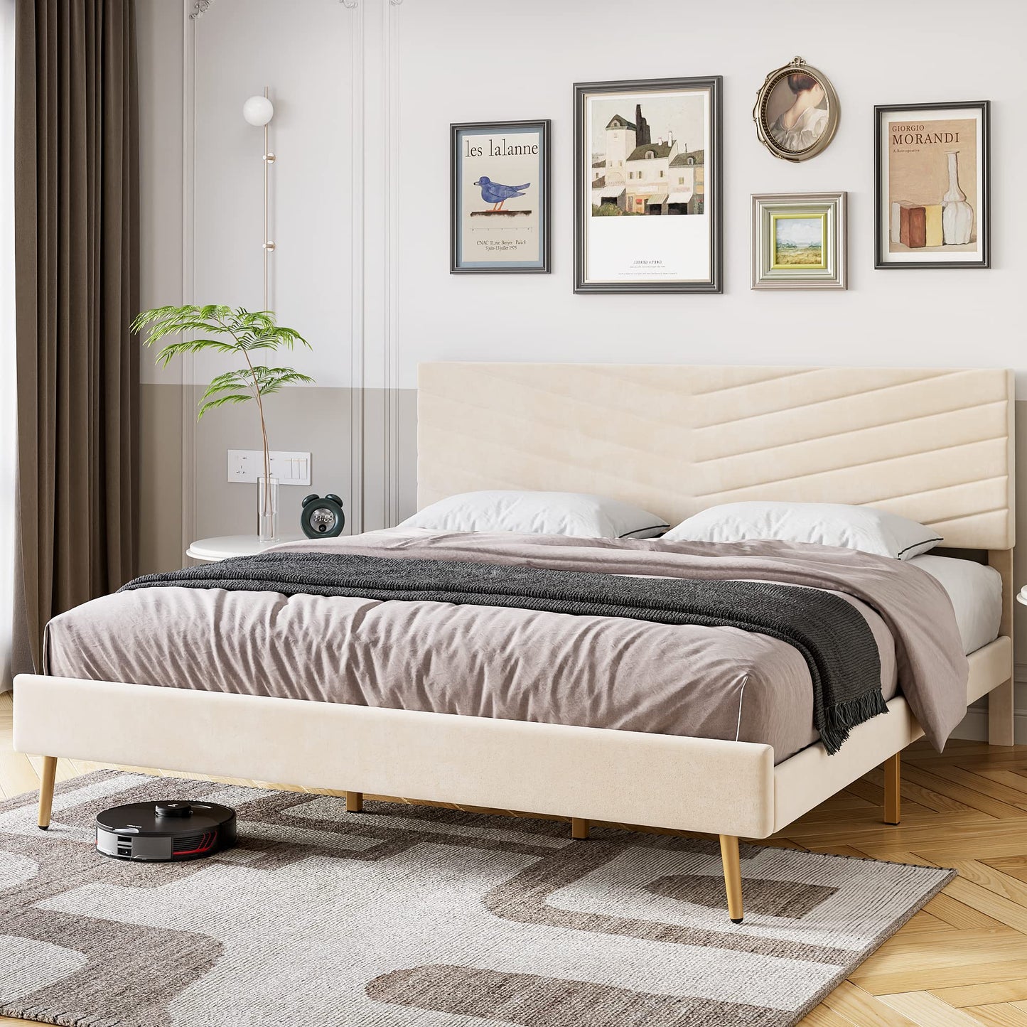 IDEALHOUSE King Upholstered Bed Frame with Wingback Headboard, Luxurious Velvet Upholstery Platform Bed, Wooden Slat Support, and Easy Assembly - Box Spring Optional, Light Gray